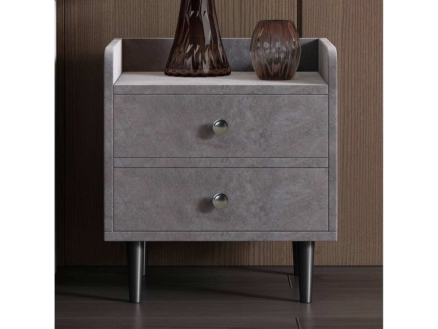 Polstret sengebord - 43,9 x 35,5 x 49 cm - med 2 skuffer + metalhåndtag - MDF + fløjl - grå