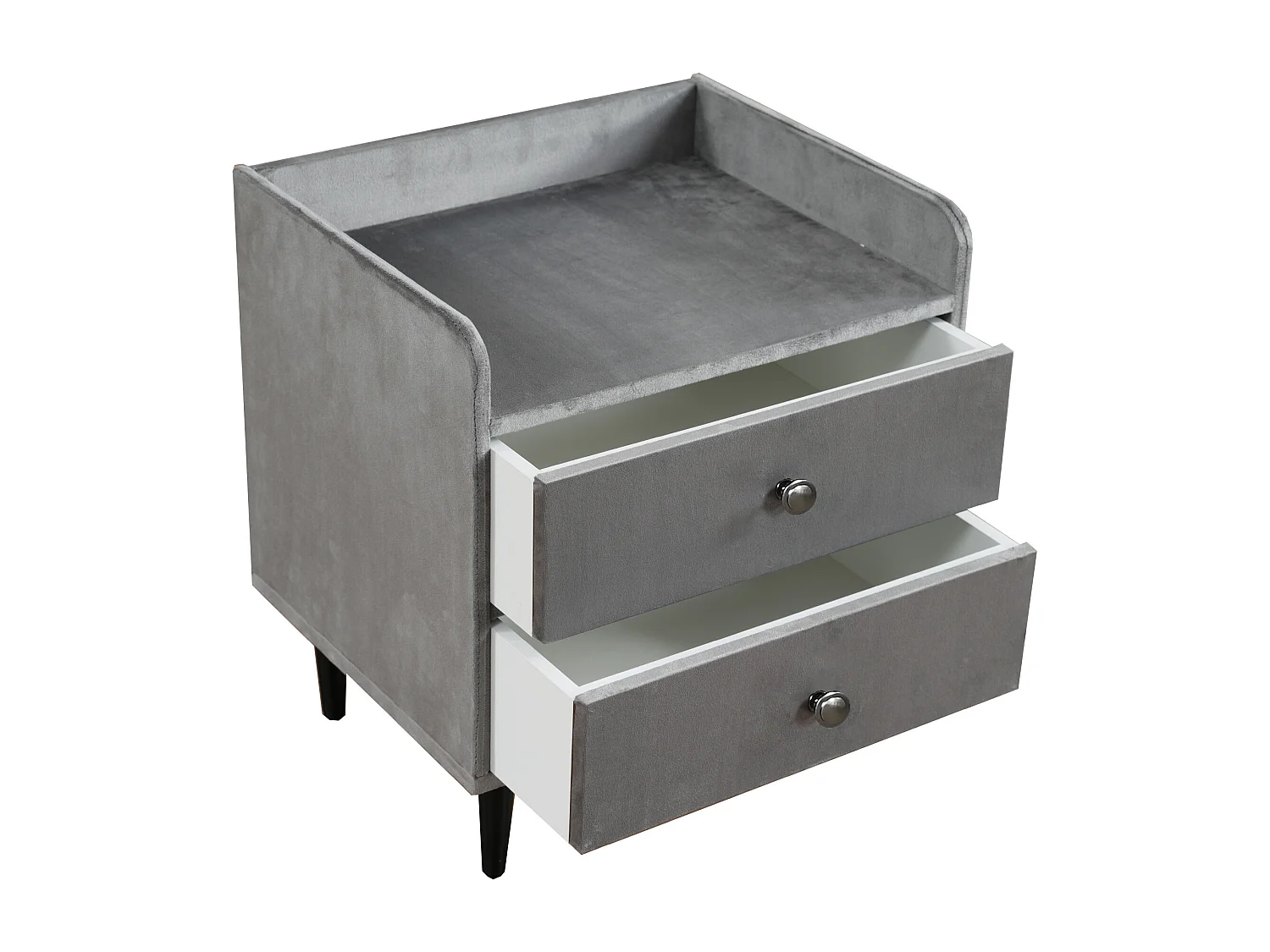 Polstret sengebord - 43,9 x 35,5 x 49 cm - med 2 skuffer + metalhåndtag - MDF + fløjl - grå