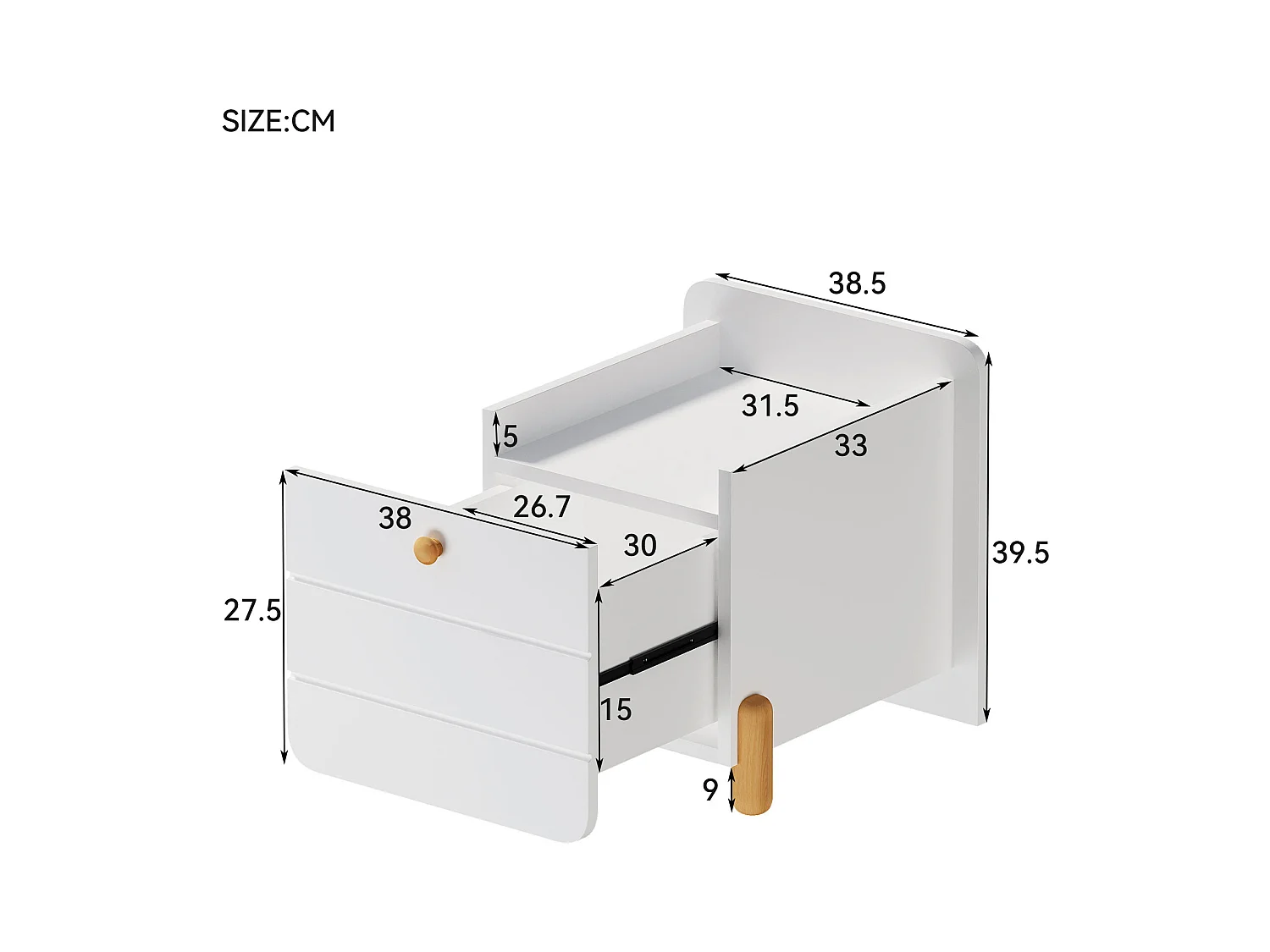 Nachttisch – 38,3 x 33 x 39,5 cm – 1 leise Schublade mit Ablageflächen – Schlanke Beine – Holz – Weiß