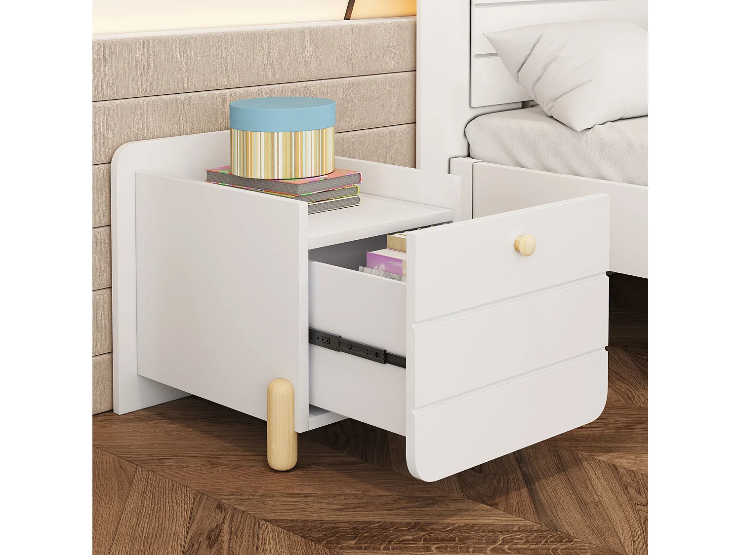 Table de chevet - 38.3 x 33 x 39.5 cm - 1 tiroir silencieux avec étagères - pieds fins - bois - blanc