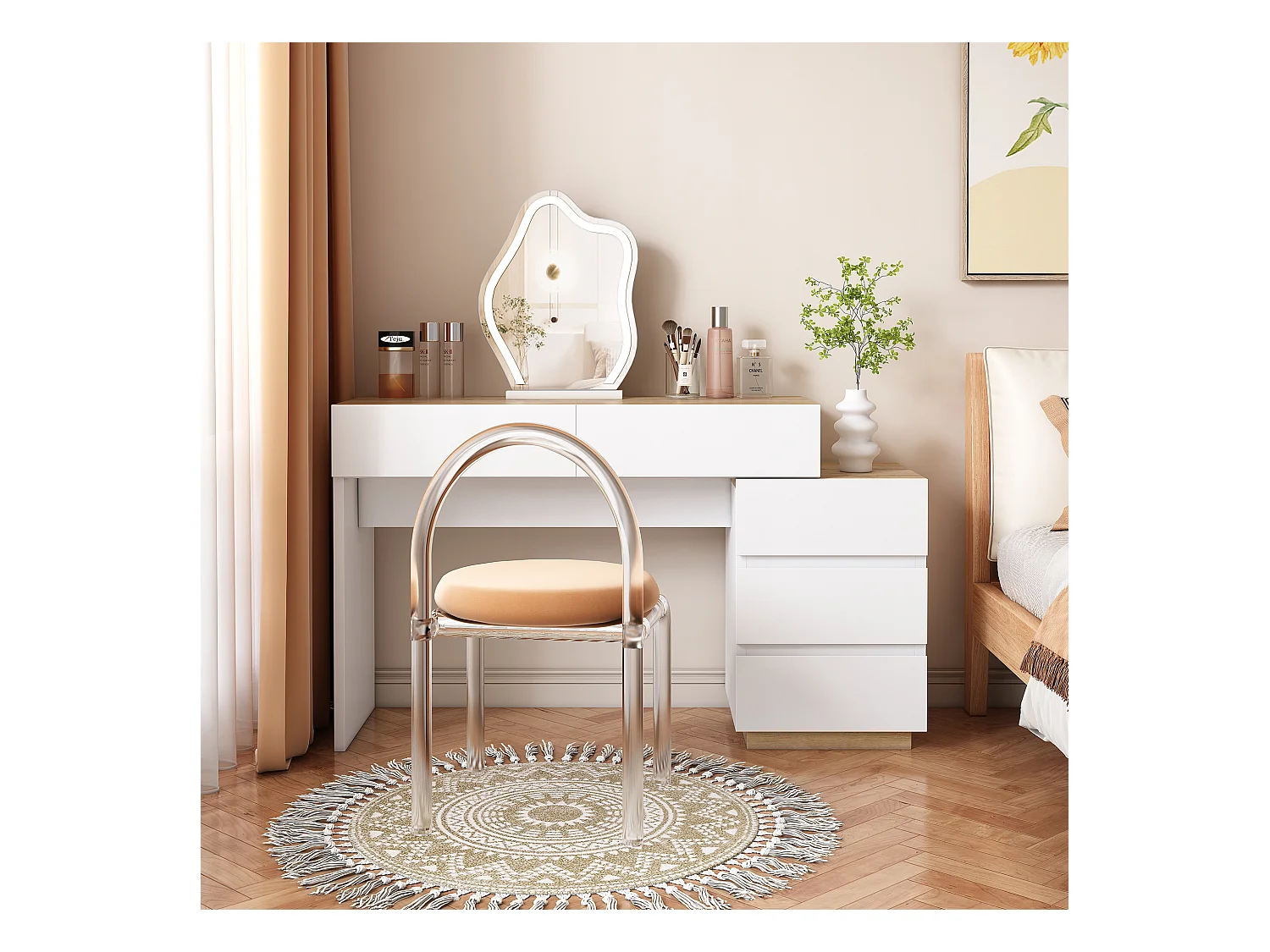 Meuble coiffeuse - 125 x 38.9 x 76 cm - avec 5 tiroirs- pour chambre - aggloméré E1 - blanc