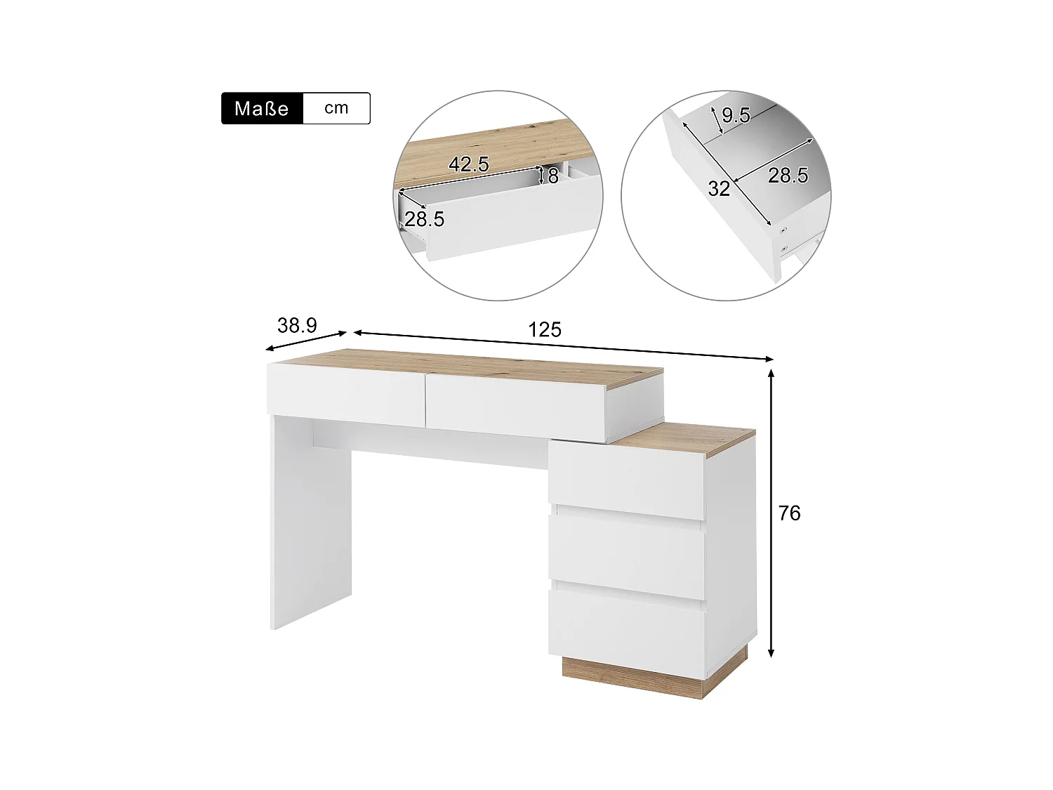 Meuble coiffeuse - 125 x 38.9 x 76 cm - avec 5 tiroirs- pour chambre - aggloméré E1 - blanc