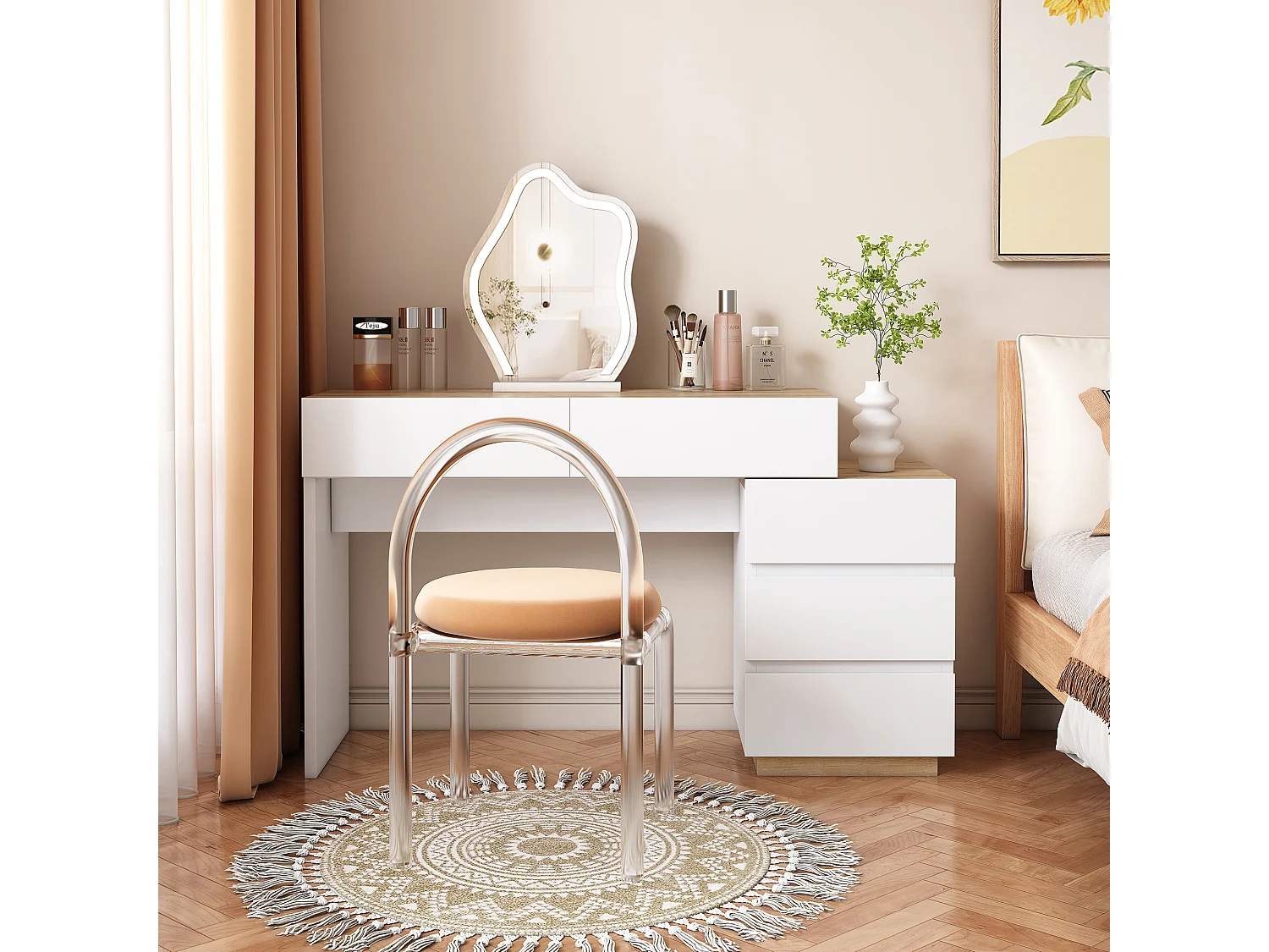 Meuble coiffeuse - 125 x 38.9 x 76 cm - avec 5 tiroirs- pour chambre - aggloméré E1 - blanc