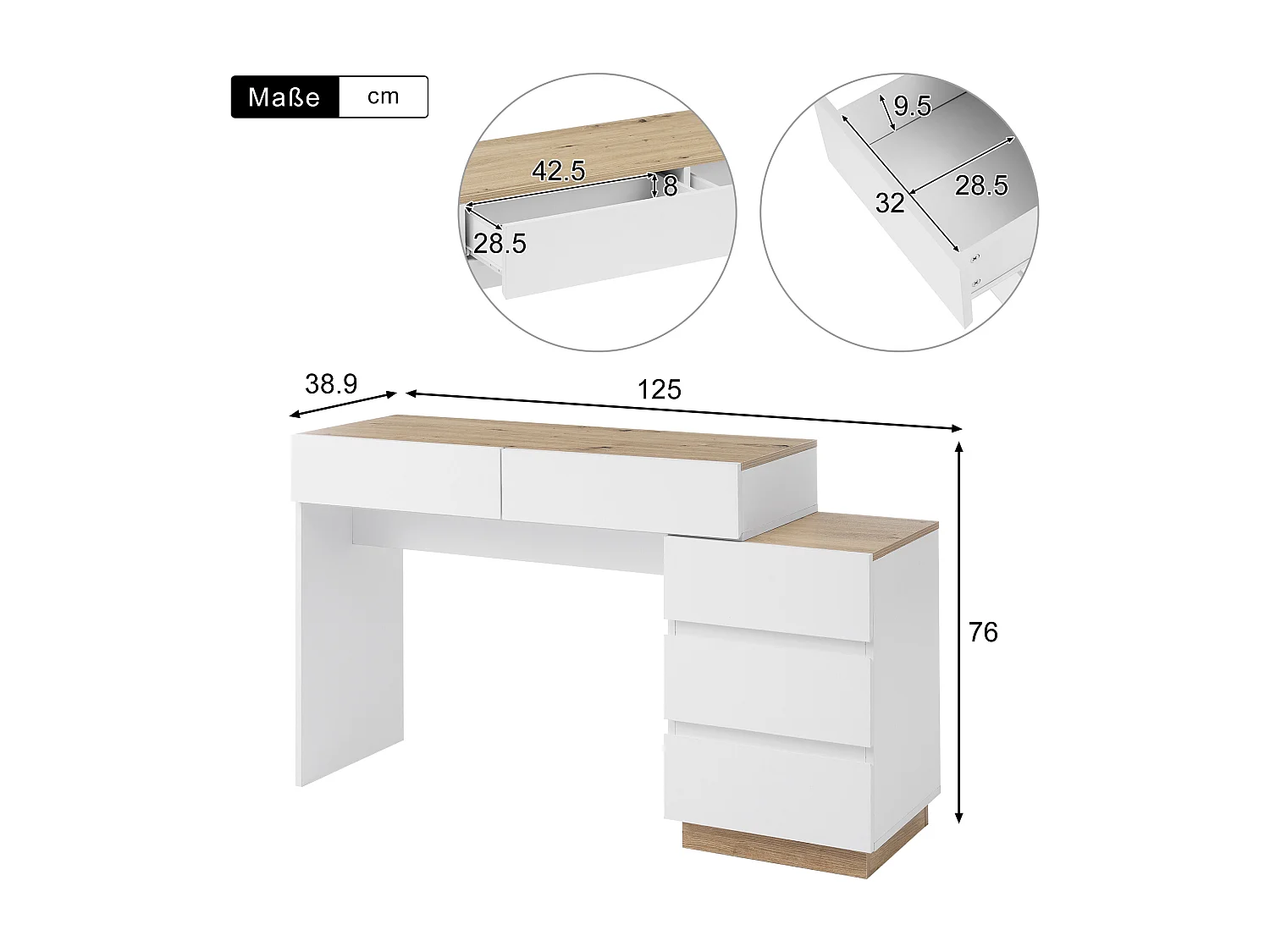 Meuble coiffeuse - 125 x 38.9 x 76 cm - avec 5 tiroirs- pour chambre - aggloméré E1 - blanc