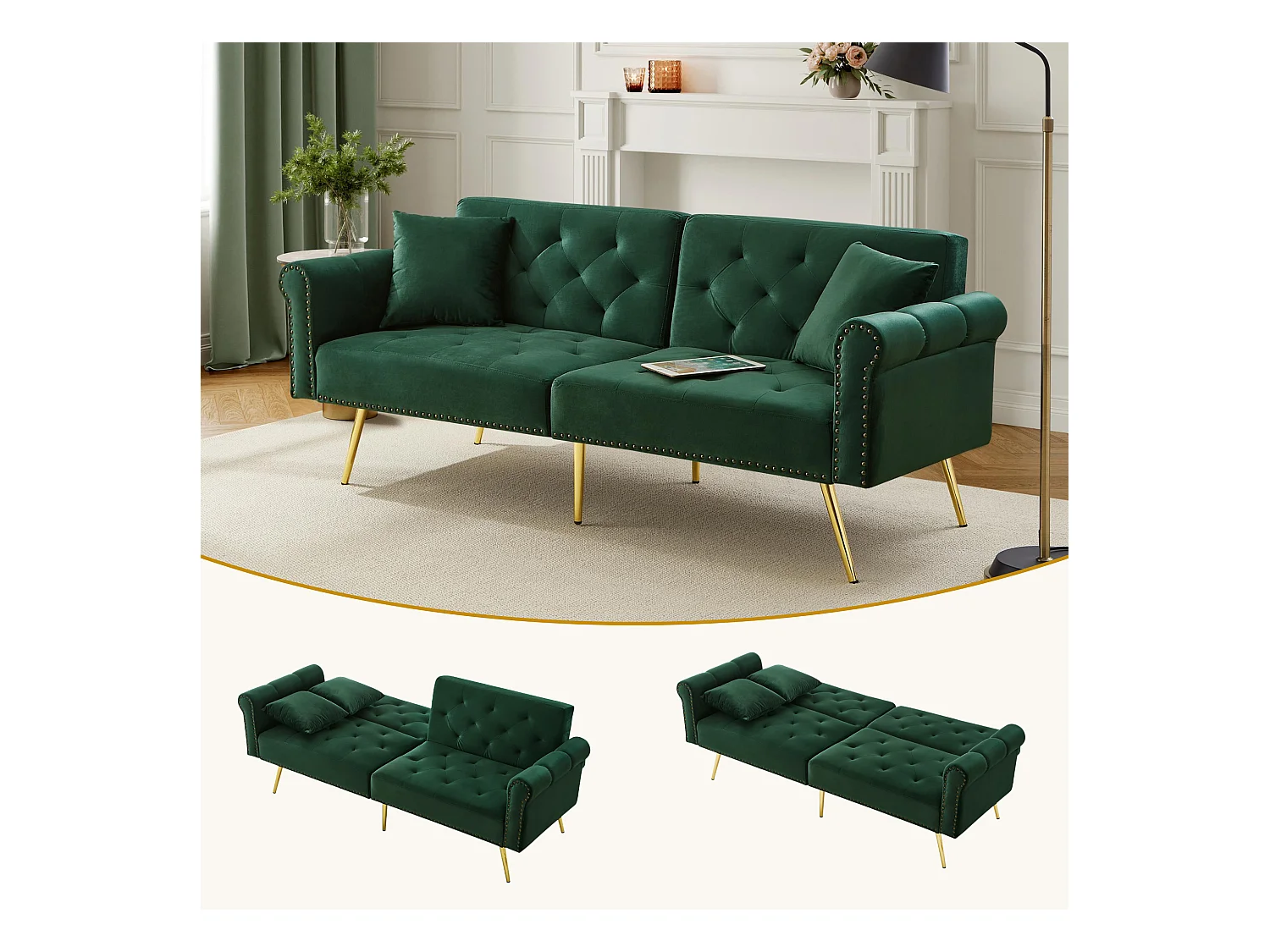 Moderne 2-zits slaapbank – 173 x 75 x 70 cm – 3-voudig verstelbare rugleuning + gouden metalen poten – fluweel – groen