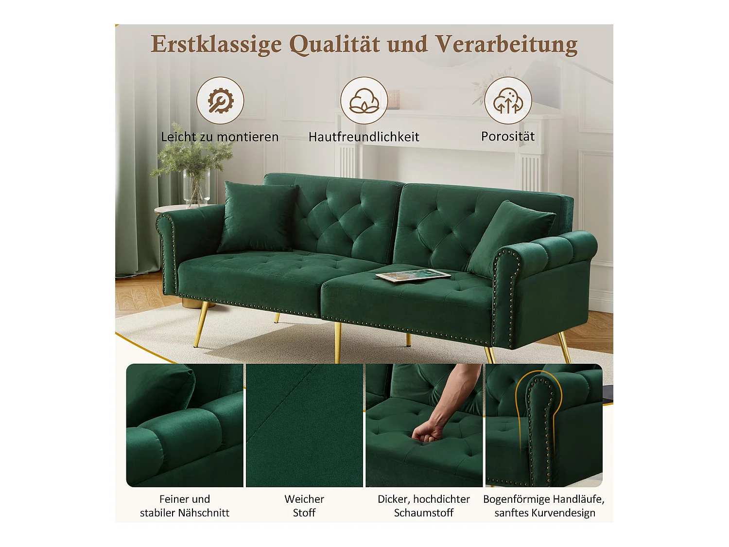 Moderne 2-zits slaapbank – 173 x 75 x 70 cm – 3-voudig verstelbare rugleuning + gouden metalen poten – fluweel – groen