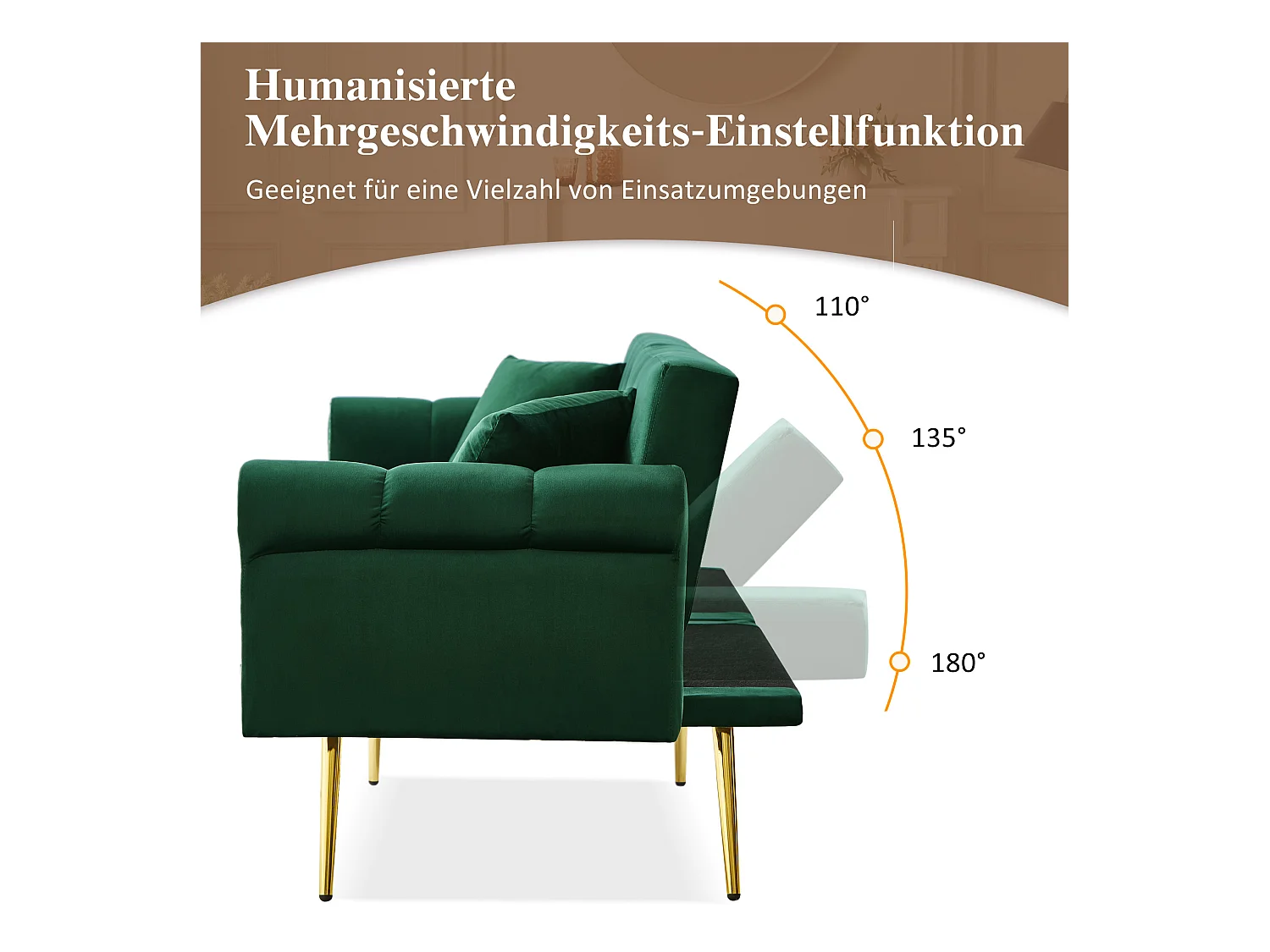 Moderne 2-zits slaapbank – 173 x 75 x 70 cm – 3-voudig verstelbare rugleuning + gouden metalen poten – fluweel – groen