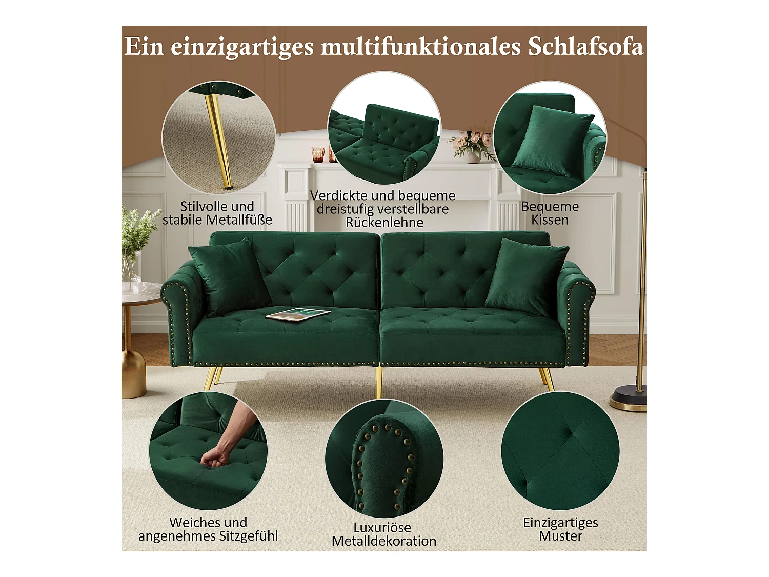Moderne 2-zits slaapbank – 173 x 75 x 70 cm – 3-voudig verstelbare rugleuning + gouden metalen poten – fluweel – groen