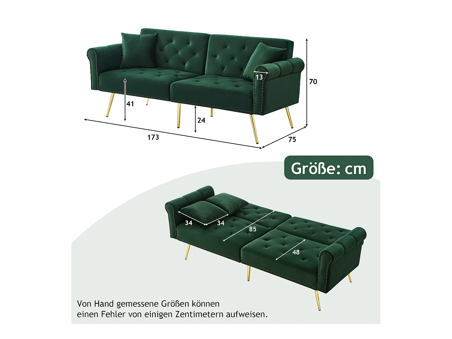 Moderne 2-zits slaapbank – 173 x 75 x 70 cm – 3-voudig verstelbare rugleuning + gouden metalen poten – fluweel – groen