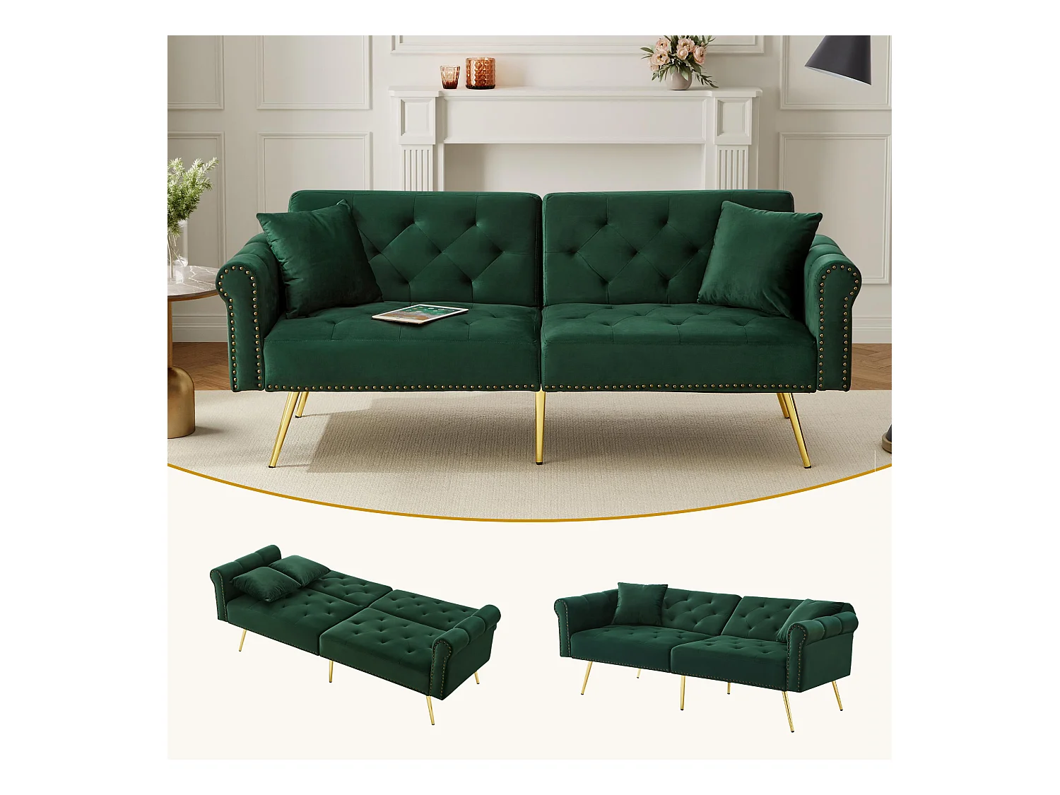 Modernes 2-Sitzer-Schlafsofa – 173 x 75 x 70 cm – 3-stufig verstellbare Rückenlehne + goldene Metallbeine – Samt – Grün