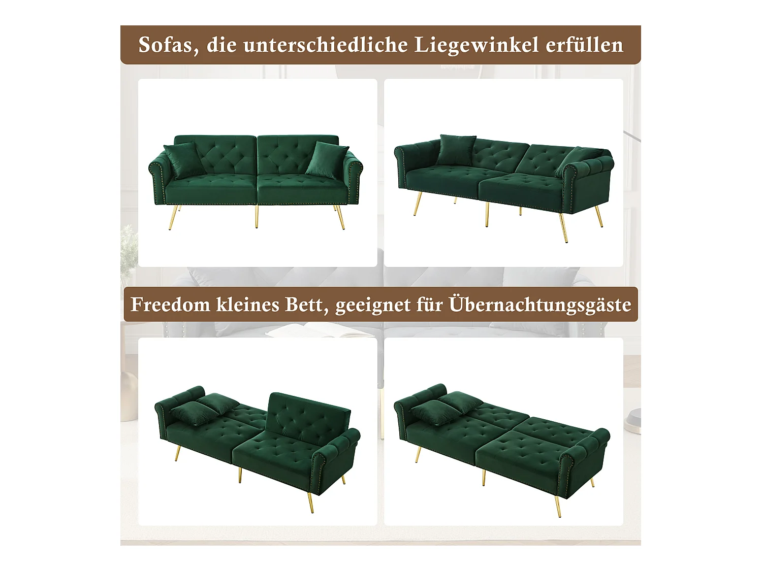 Canapé-lit 2 places moderne – 173 x 75 x 70 cm - dossier réglable sur 3 niveaux +  pieds en métal doré - velours - vert