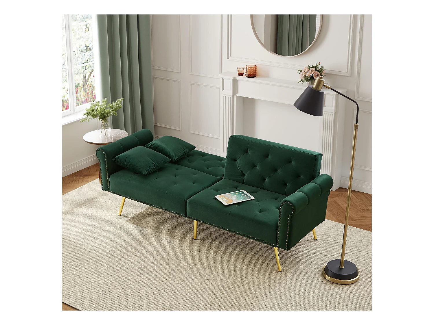 Canapé-lit 2 places moderne – 173 x 75 x 70 cm - dossier réglable sur 3 niveaux +  pieds en métal doré - velours - vert
