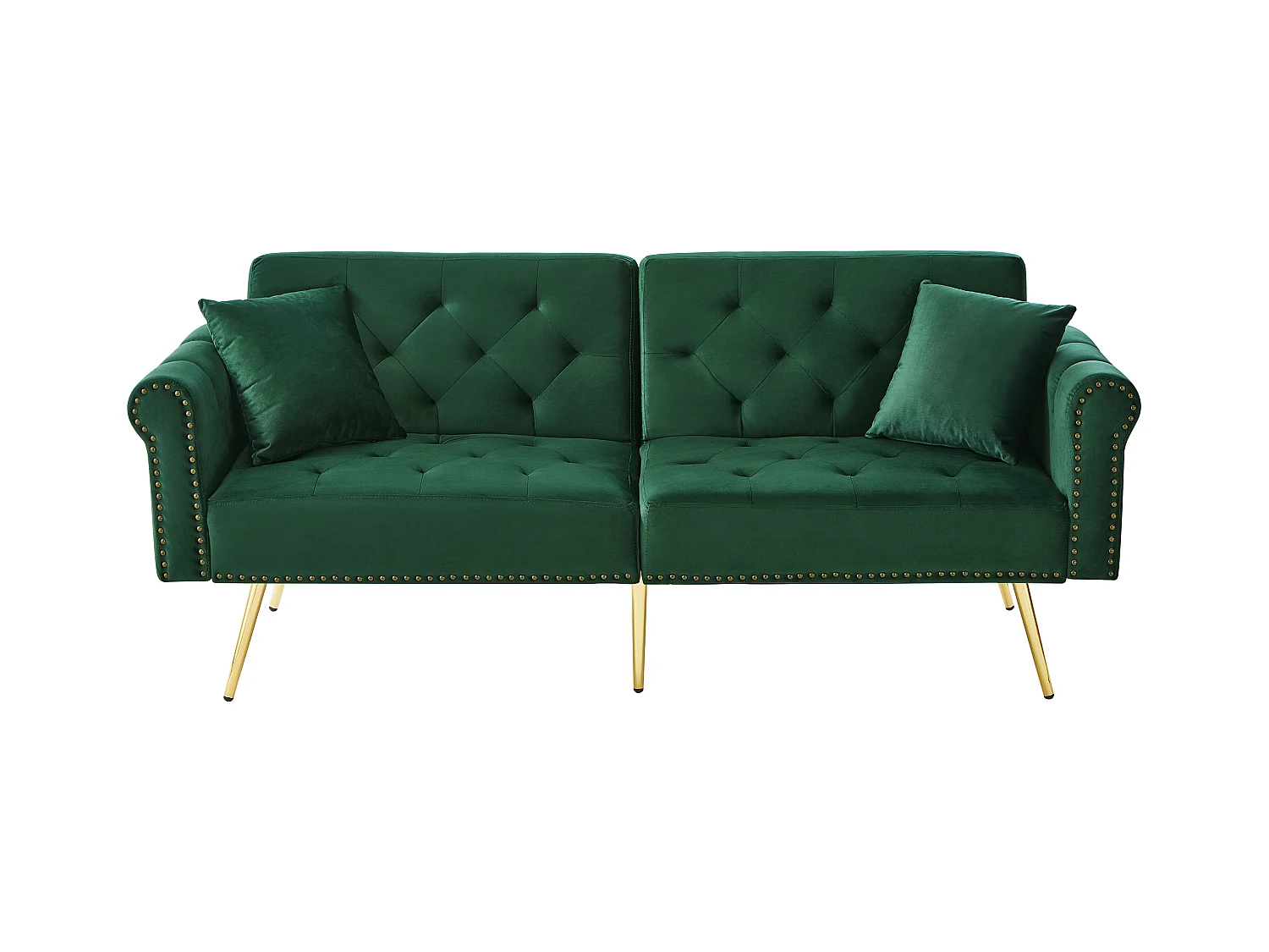 Canapé-lit 2 places moderne – 173 x 75 x 70 cm - dossier réglable sur 3 niveaux +  pieds en métal doré - velours - vert