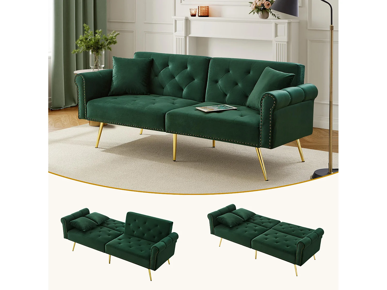 Canapé-lit 2 places moderne – 173 x 75 x 70 cm - dossier réglable sur 3 niveaux +  pieds en métal doré - velours - vert