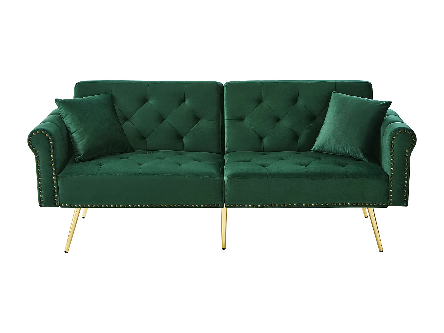Canapé-lit 2 places moderne – 173 x 75 x 70 cm - dossier réglable sur 3 niveaux +  pieds en métal doré - velours - vert