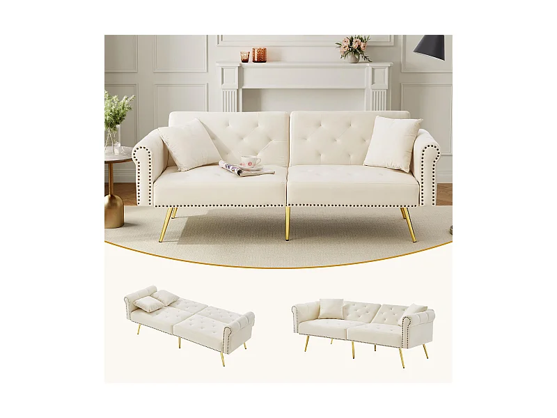 Modernes 2-Sitzer-Schlafsofa – 173 x 75 x 70 cm – 3-stufig verstellbare Rückenlehne + goldene Metallbeine – Samt – Beige