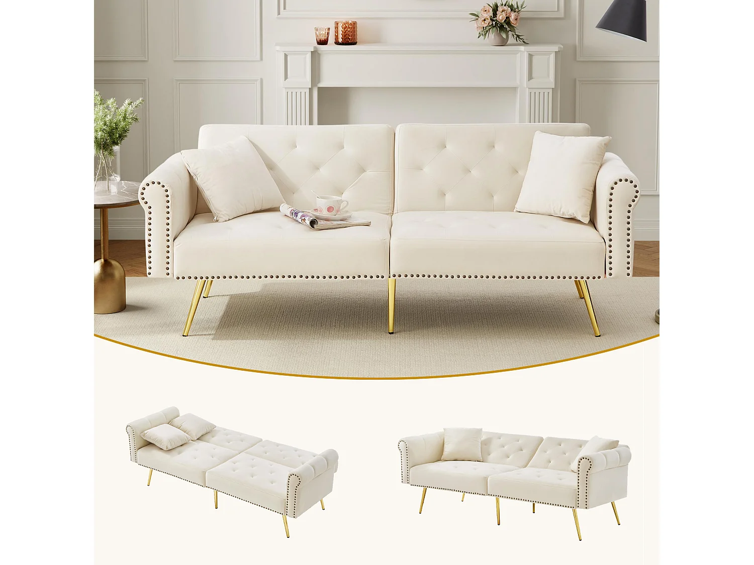 Canapé-lit 2 places moderne – 173 x 75 x 70 cm - dossier réglable sur 3 niveaux +  pieds en métal doré - velours - beige