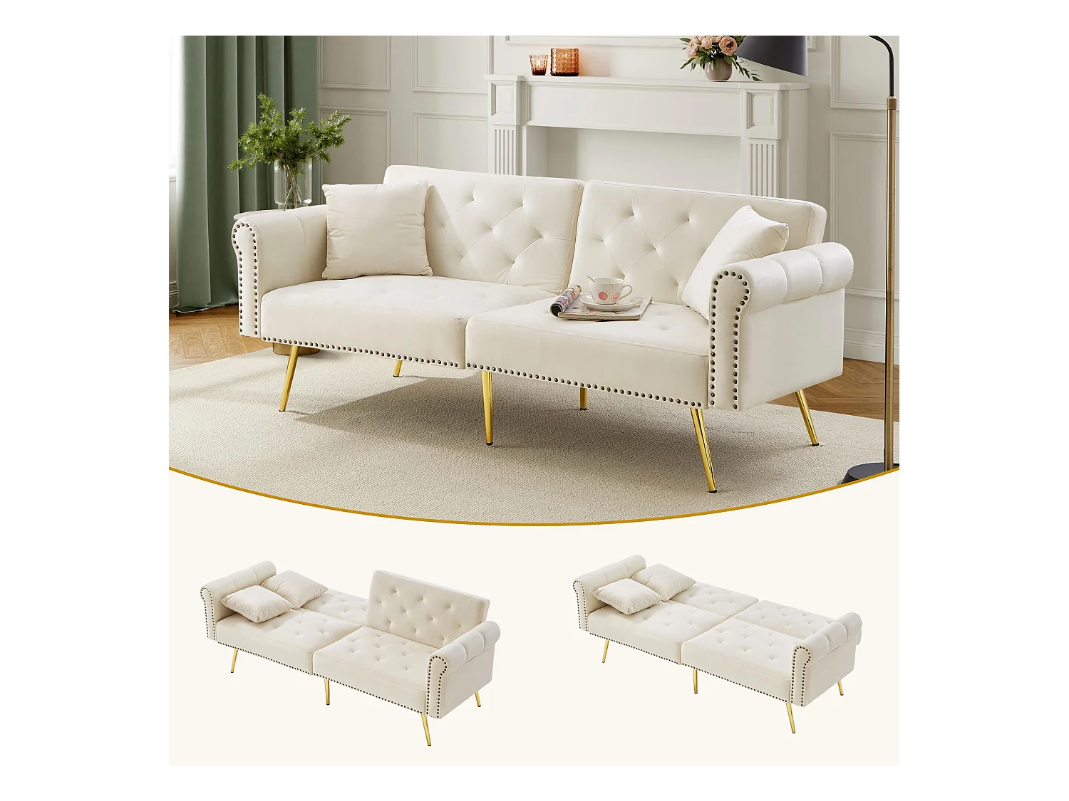 Canapé-lit 2 places moderne – 173 x 75 x 70 cm - dossier réglable sur 3 niveaux +  pieds en métal doré - velours - beige