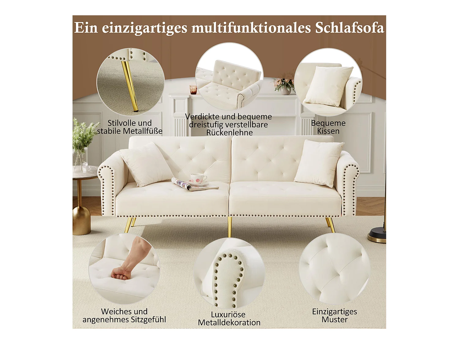 Canapé-lit 2 places moderne – 173 x 75 x 70 cm - dossier réglable sur 3 niveaux +  pieds en métal doré - velours - beige