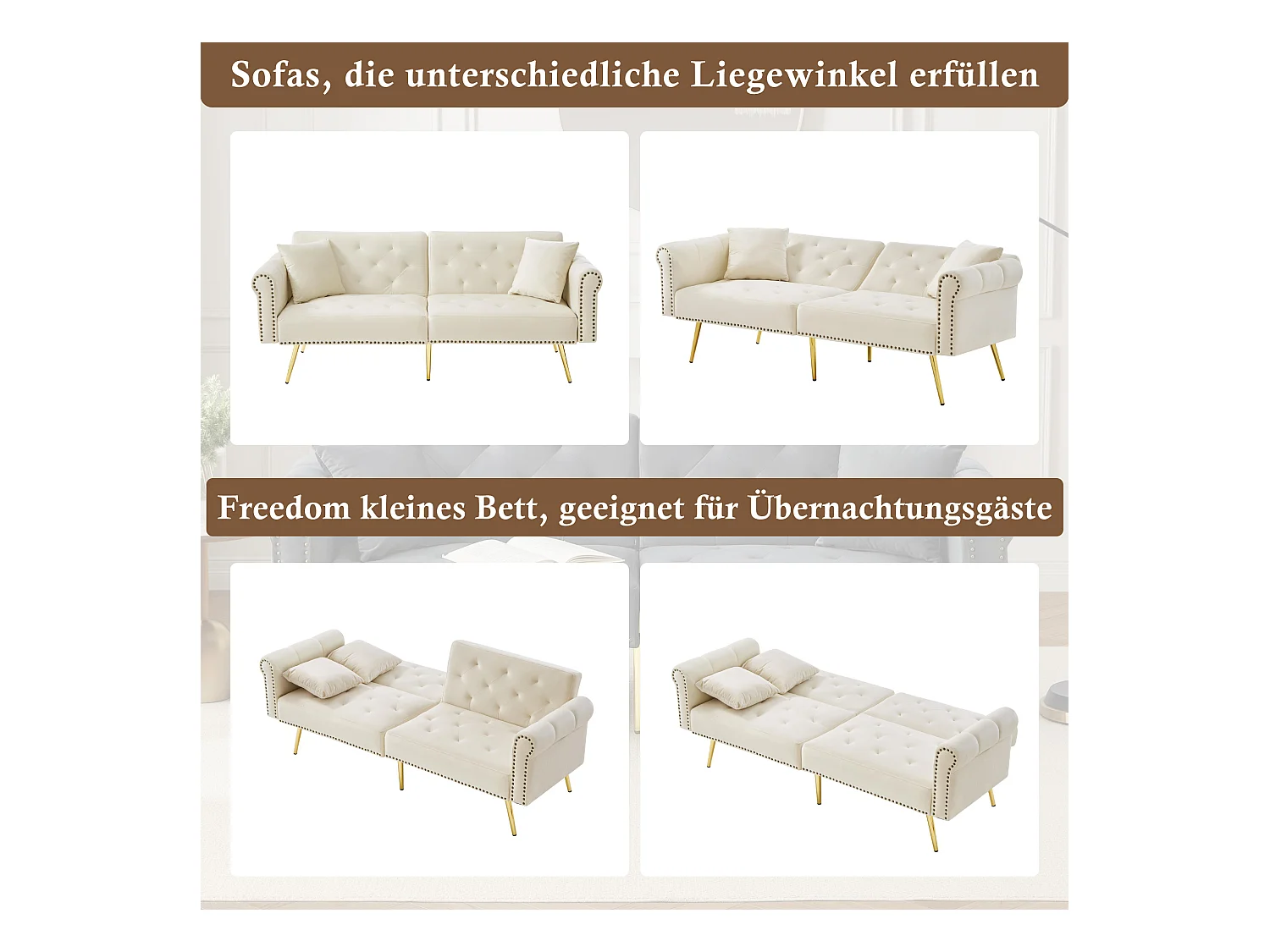 Canapé-lit 2 places moderne – 173 x 75 x 70 cm - dossier réglable sur 3 niveaux +  pieds en métal doré - velours - beige