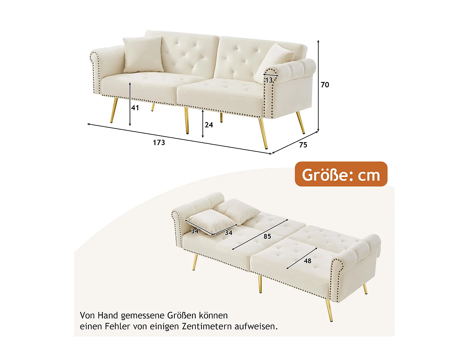 Canapé-lit 2 places moderne – 173 x 75 x 70 cm - dossier réglable sur 3 niveaux +  pieds en métal doré - velours - beige