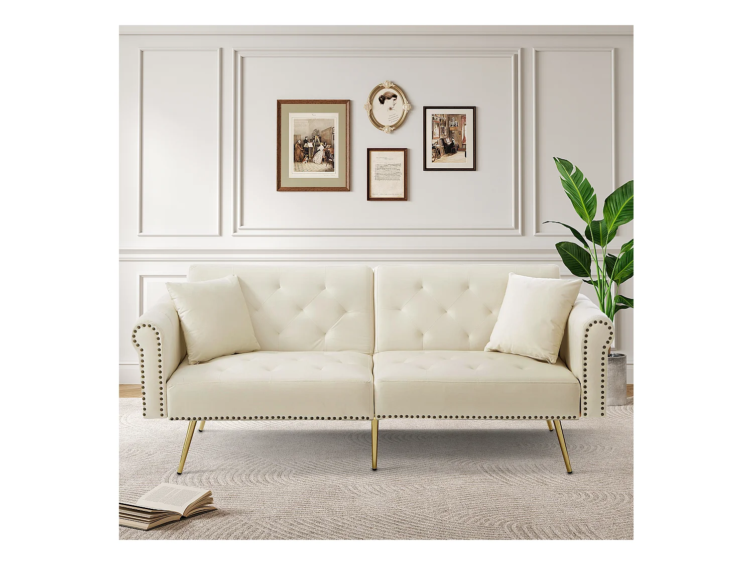 Canapé-lit 2 places moderne – 173 x 75 x 70 cm - dossier réglable sur 3 niveaux +  pieds en métal doré - velours - beige