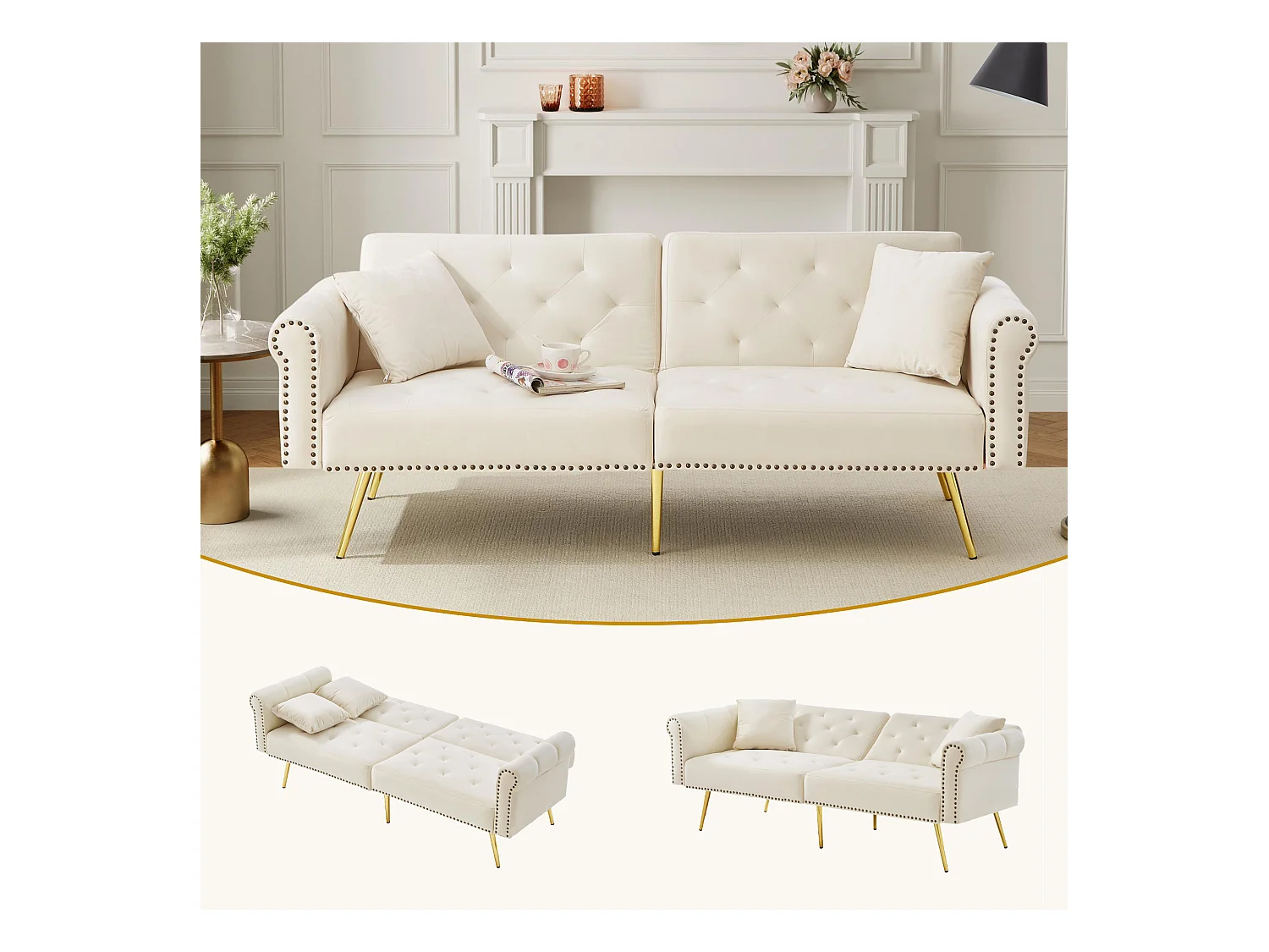 Canapé-lit 2 places moderne – 173 x 75 x 70 cm - dossier réglable sur 3 niveaux +  pieds en métal doré - velours - beige