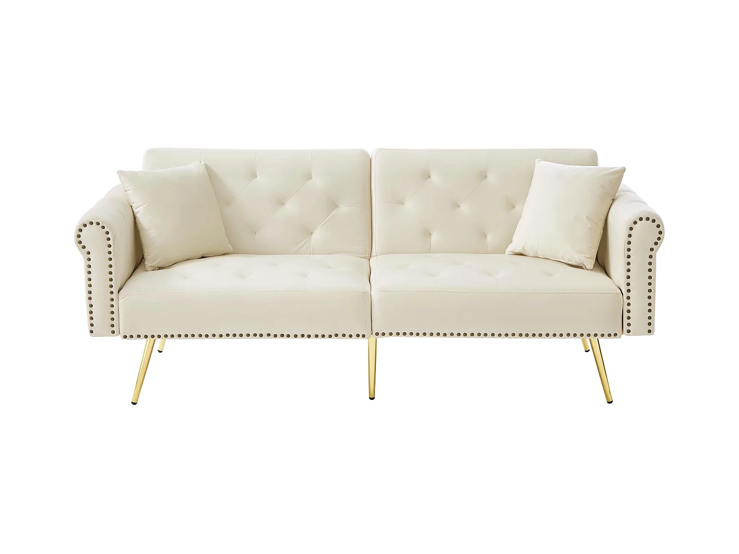 Canapé-lit 2 places moderne – 173 x 75 x 70 cm - dossier réglable sur 3 niveaux +  pieds en métal doré - velours - beige