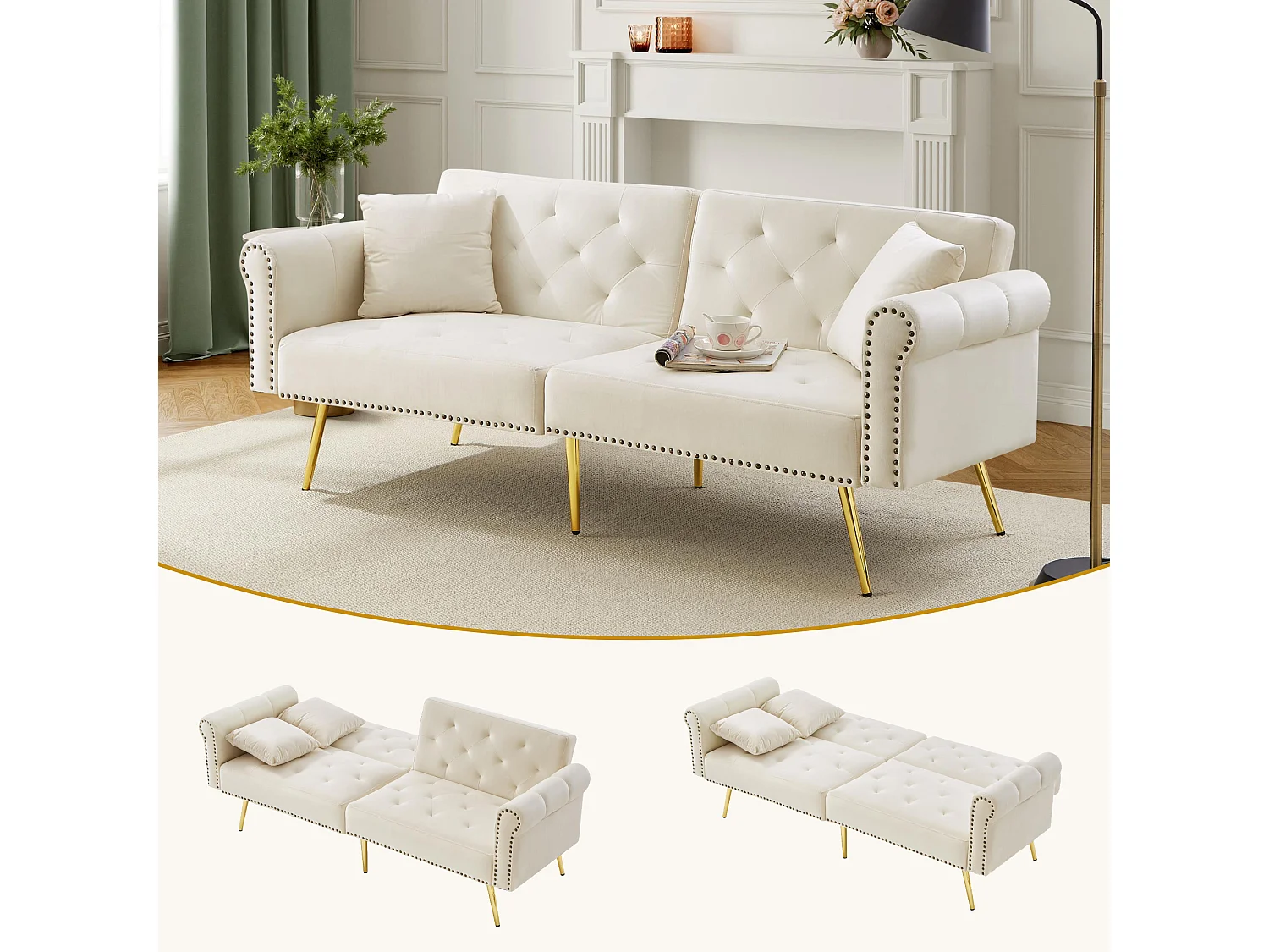 Canapé-lit 2 places moderne – 173 x 75 x 70 cm - dossier réglable sur 3 niveaux +  pieds en métal doré - velours - beige