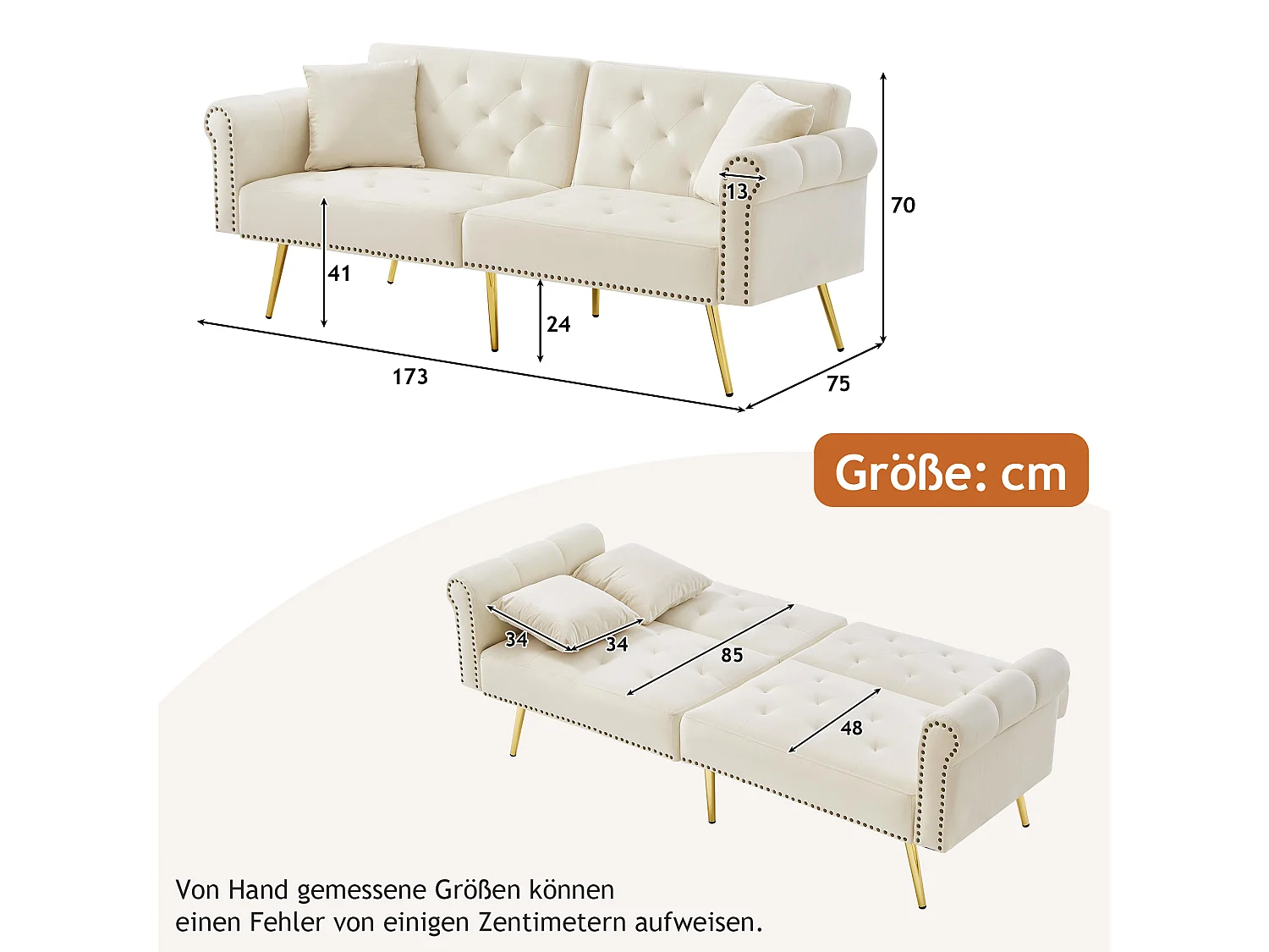 Canapé-lit 2 places moderne – 173 x 75 x 70 cm - dossier réglable sur 3 niveaux +  pieds en métal doré - velours - beige