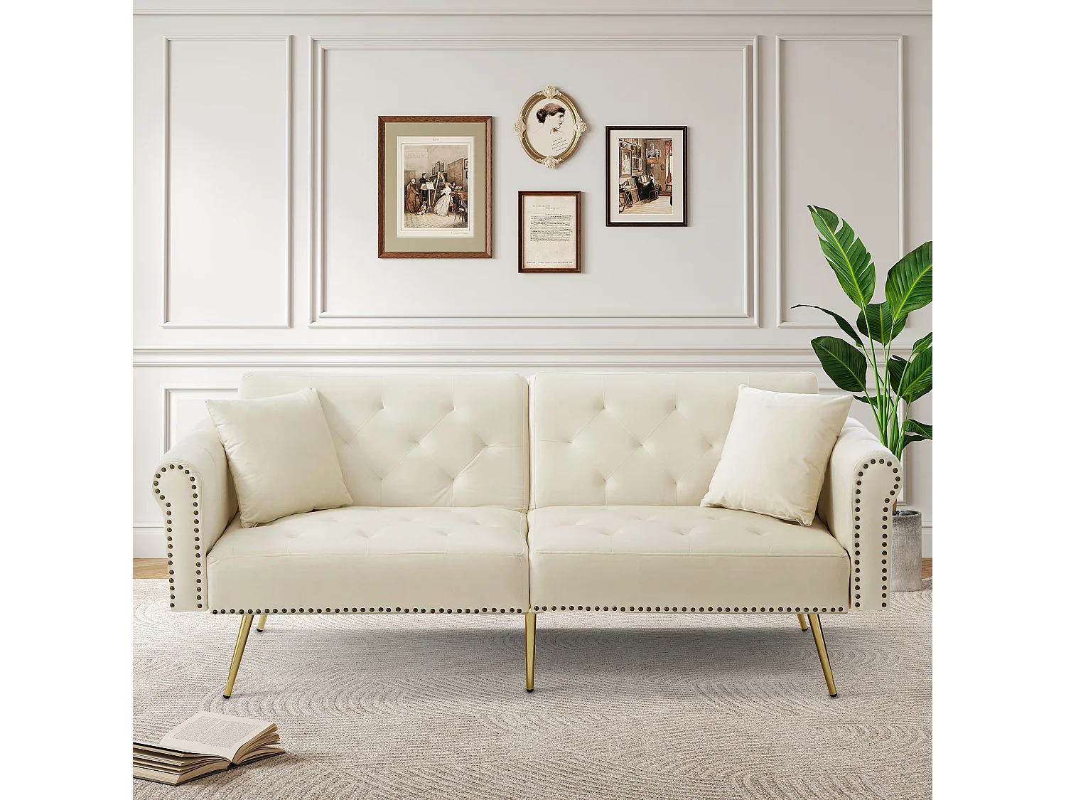 Canapé-lit 2 places moderne – 173 x 75 x 70 cm - dossier réglable sur 3 niveaux +  pieds en métal doré - velours - beige