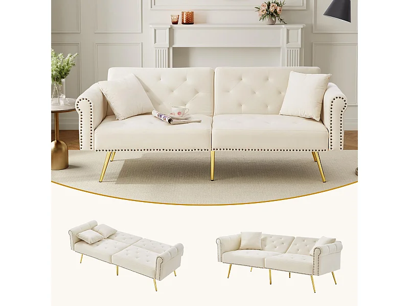 Nowoczesna sofa 2-osobowa z funkcją spania – 173 x 75 x 70 cm – 3-stopniowa regulacja oparcia + złote metalowe nogi – aksamit – beż