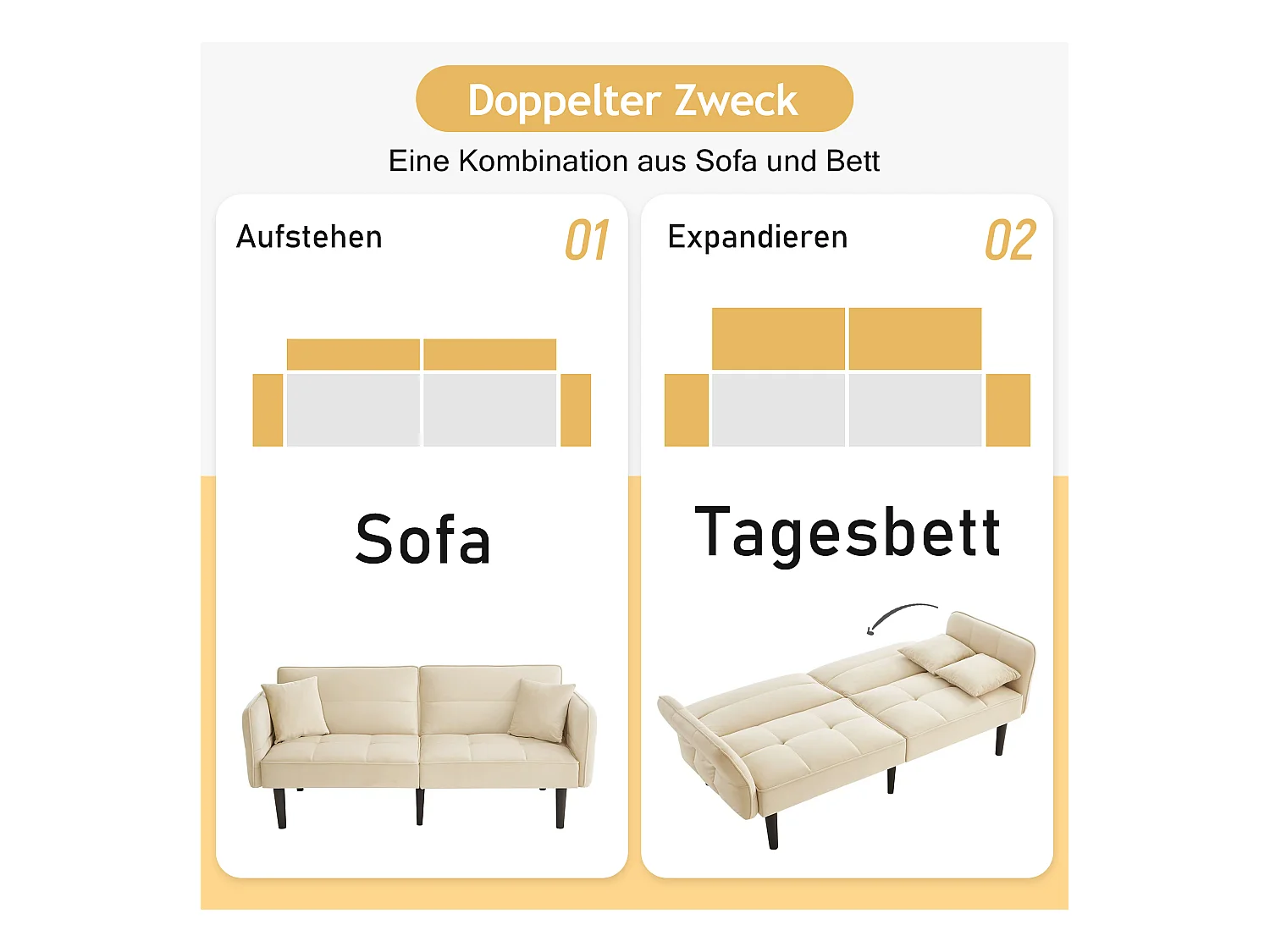 2-in-1 verstelbare slaapbank - 176 x 78 x 76 cm - 2-zits - met opklapbare armleuningen - fluweel - beige