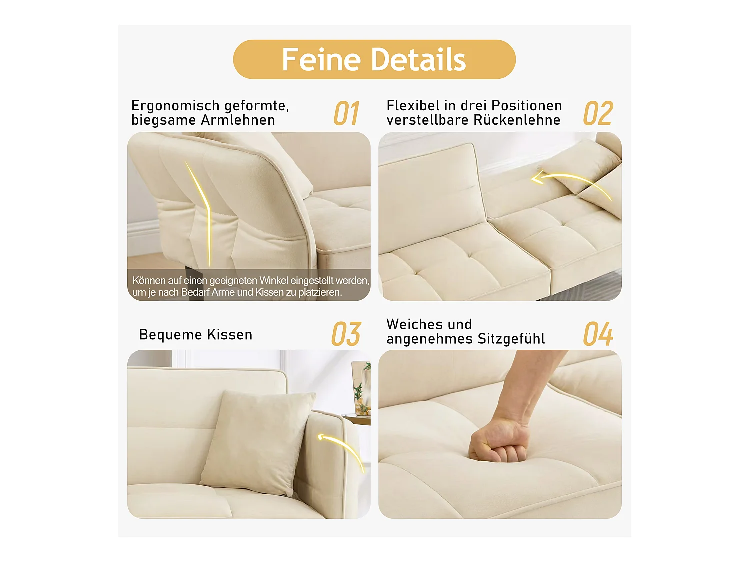 2-in-1 verstelbare slaapbank - 176 x 78 x 76 cm - 2-zits - met opklapbare armleuningen - fluweel - beige