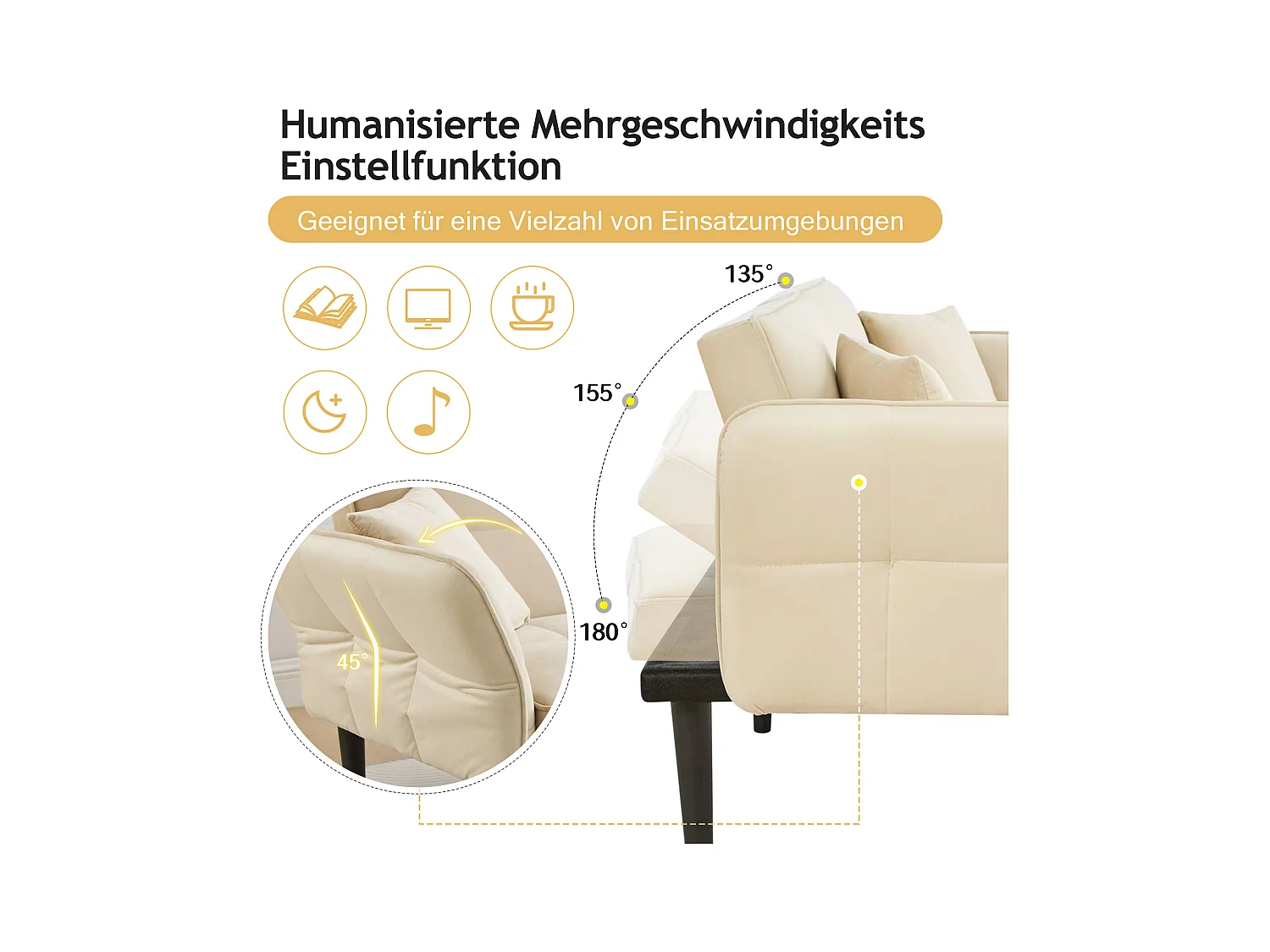 2-in-1 verstelbare slaapbank - 176 x 78 x 76 cm - 2-zits - met opklapbare armleuningen - fluweel - beige