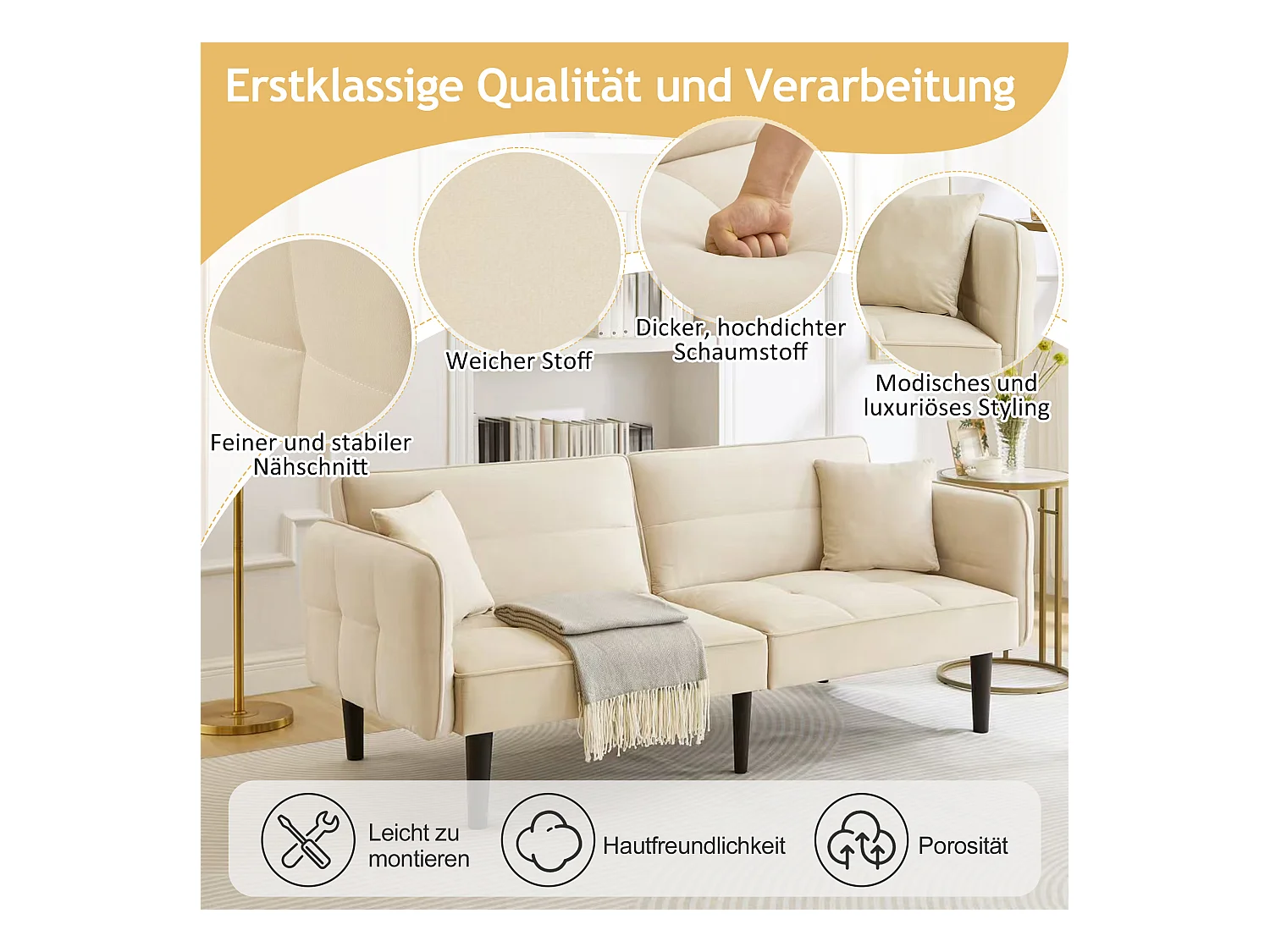 2-in-1 verstelbare slaapbank - 176 x 78 x 76 cm - 2-zits - met opklapbare armleuningen - fluweel - beige