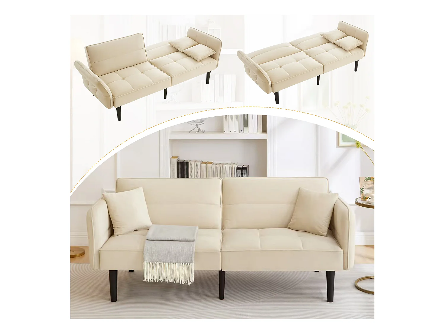 Canapé-lit réglable 2 en 1 – 176 x 78 x 76 cm - 2 places - avec accoudoirs rabattables - velours - beige