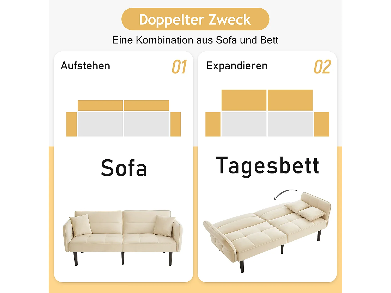 Canapé-lit réglable 2 en 1 – 176 x 78 x 76 cm - 2 places - avec accoudoirs rabattables - velours - beige