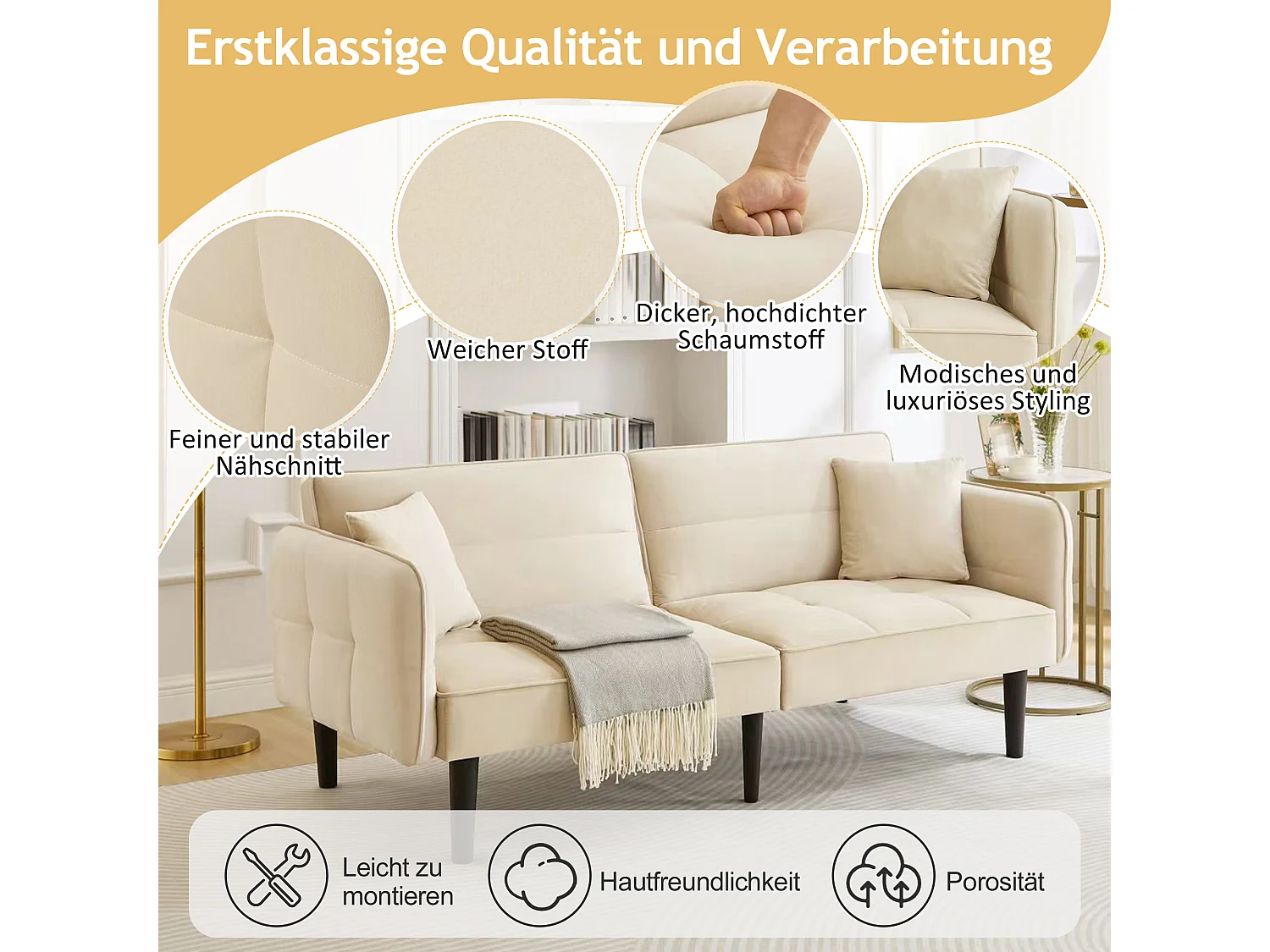 Canapé-lit réglable 2 en 1 – 176 x 78 x 76 cm - 2 places - avec accoudoirs rabattables - velours - beige