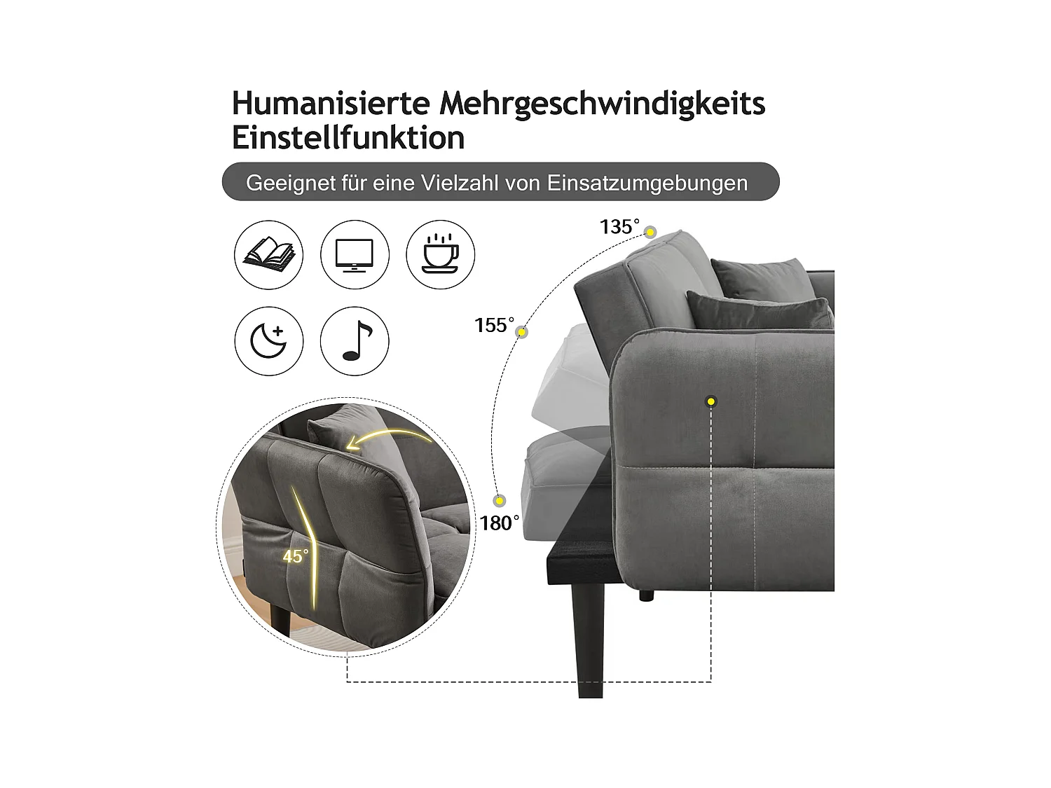 2-in-1 verstellbares Schlafsofa – 176 x 78 x 76 cm – 2-Sitzer – mit klappbaren Armlehnen – Samt – Grau