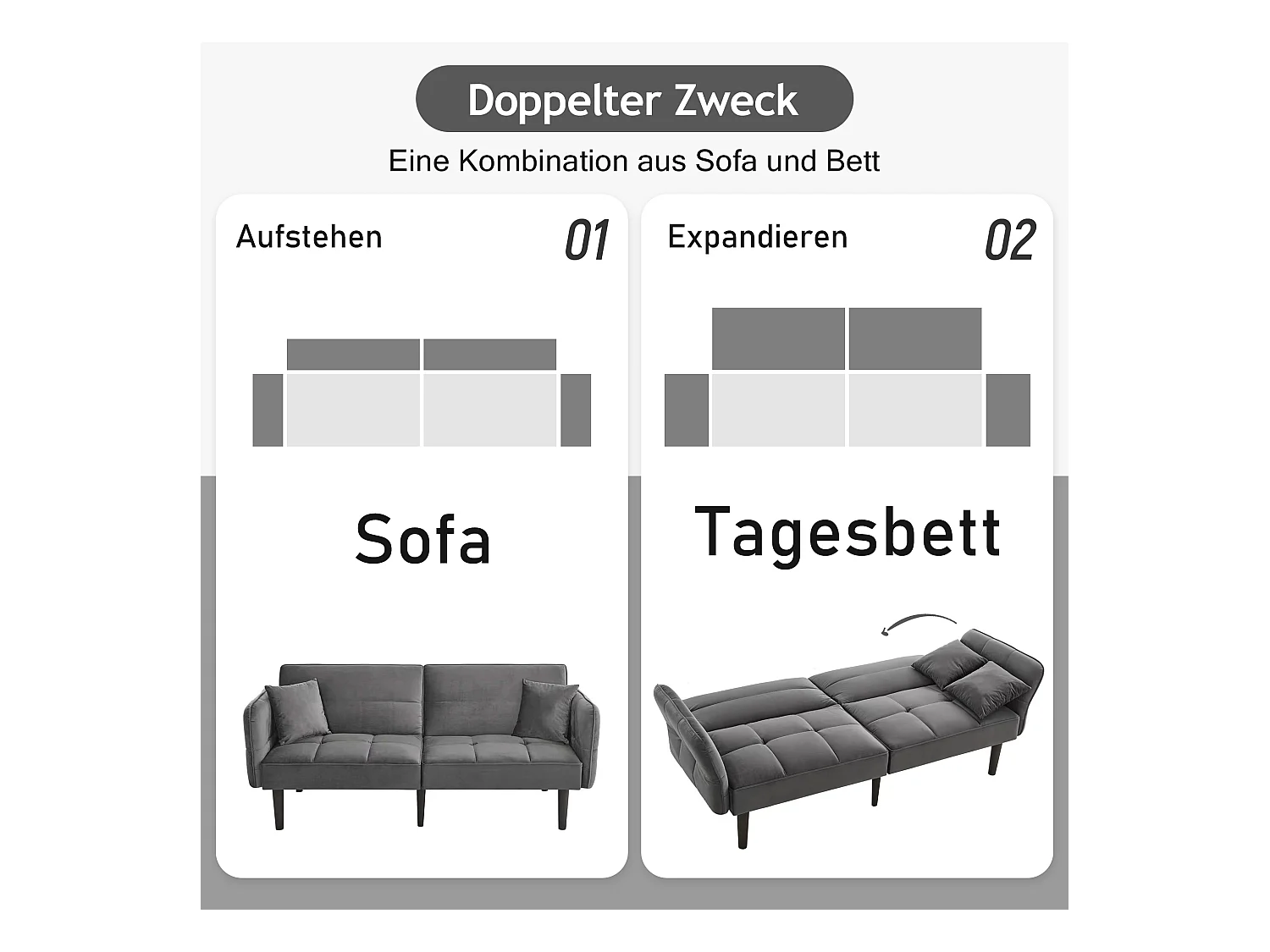 2-in-1 verstellbares Schlafsofa – 176 x 78 x 76 cm – 2-Sitzer – mit klappbaren Armlehnen – Samt – Grau