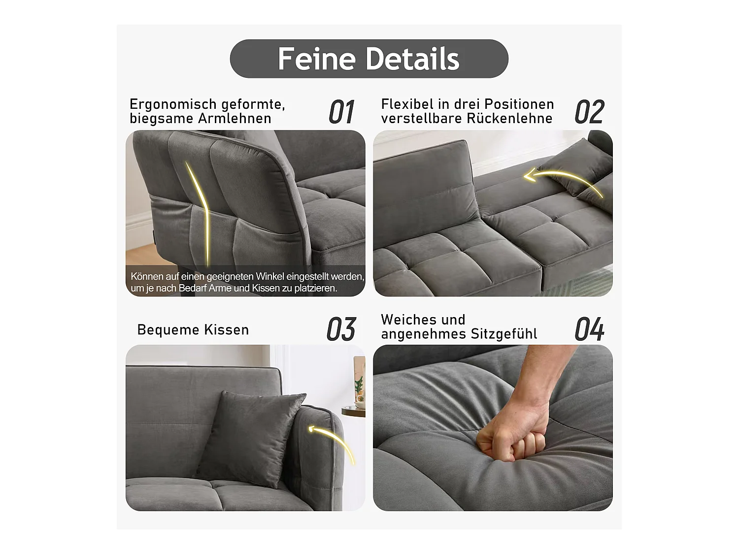 2-in-1 verstellbares Schlafsofa – 176 x 78 x 76 cm – 2-Sitzer – mit klappbaren Armlehnen – Samt – Grau