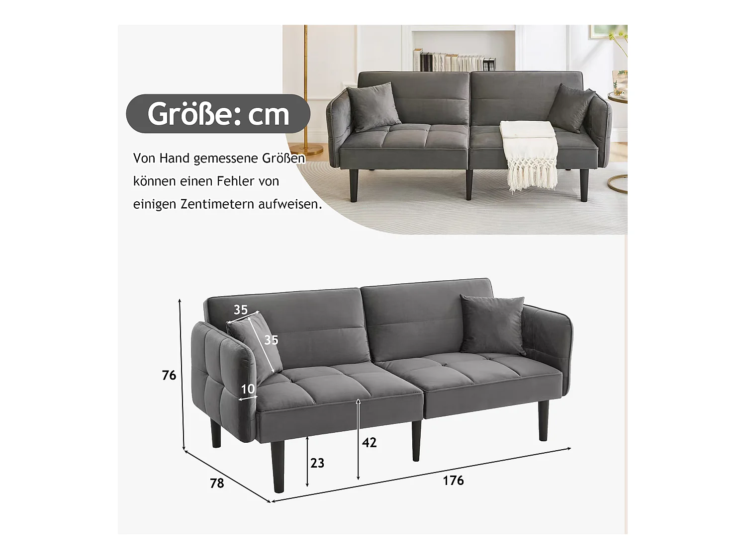 2-in-1 verstellbares Schlafsofa – 176 x 78 x 76 cm – 2-Sitzer – mit klappbaren Armlehnen – Samt – Grau