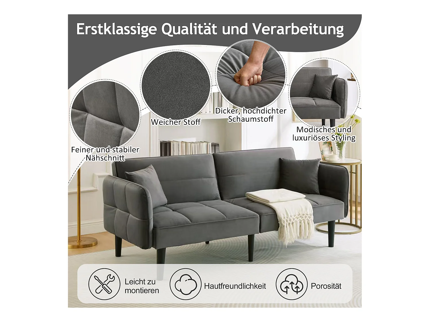 2-in-1 verstellbares Schlafsofa – 176 x 78 x 76 cm – 2-Sitzer – mit klappbaren Armlehnen – Samt – Grau