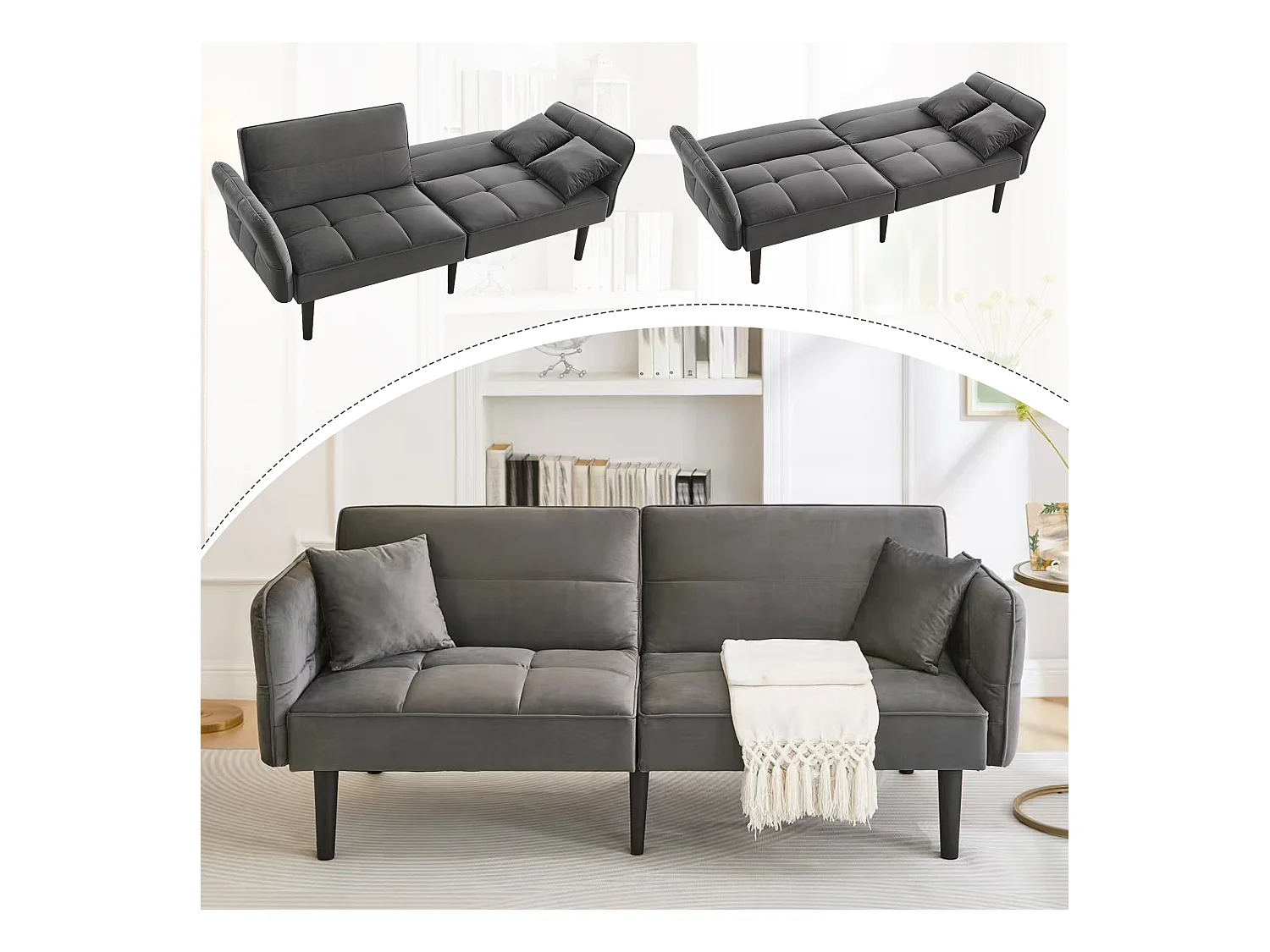 Canapé-lit réglable 2 en 1 – 176 x 78 x 76 cm - 2 places - avec accoudoirs rabattables - velours - gris