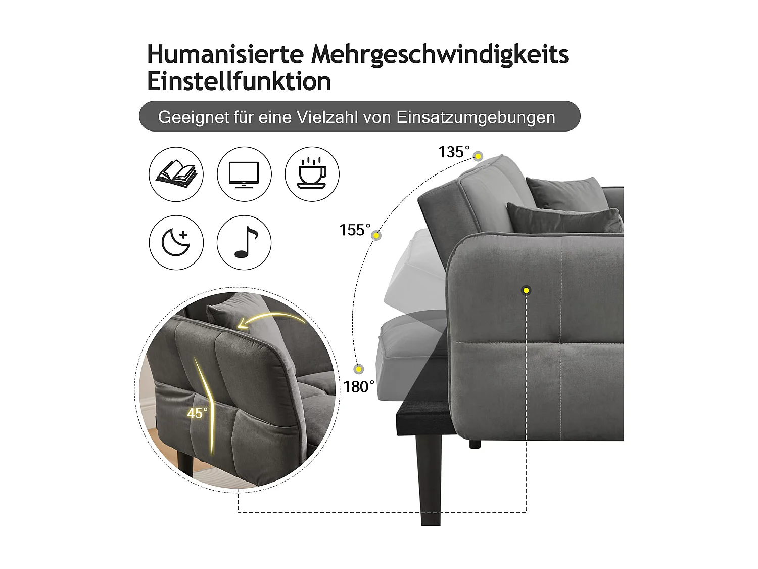 Canapé-lit réglable 2 en 1 – 176 x 78 x 76 cm - 2 places - avec accoudoirs rabattables - velours - gris