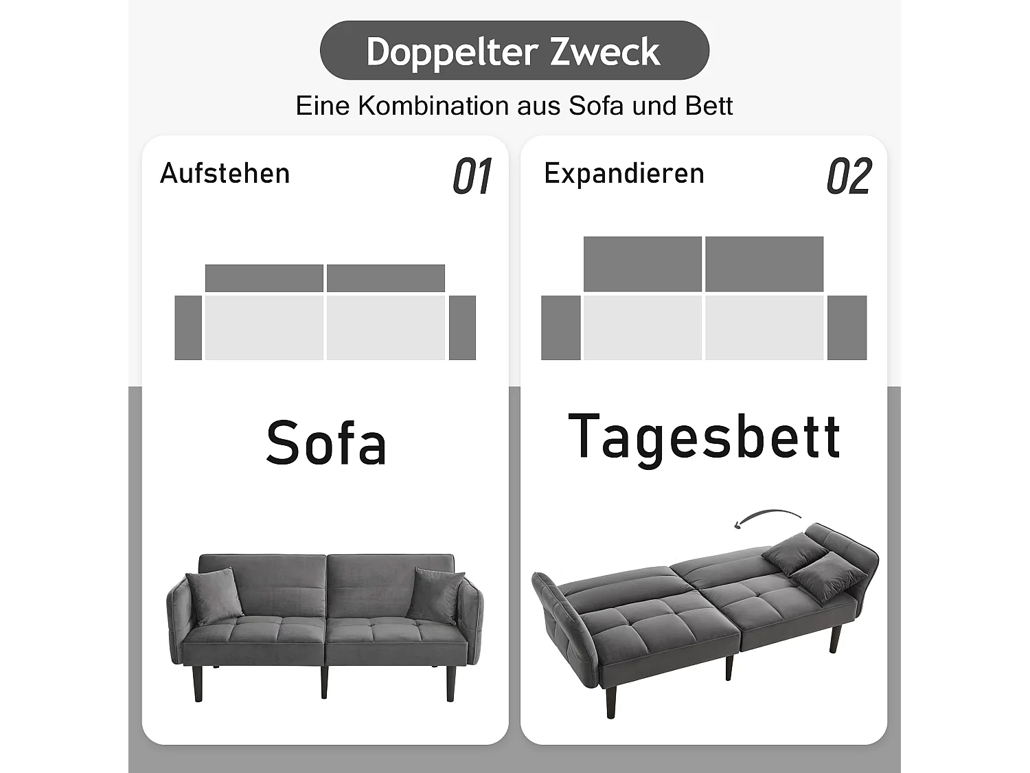 Canapé-lit réglable 2 en 1 – 176 x 78 x 76 cm - 2 places - avec accoudoirs rabattables - velours - gris
