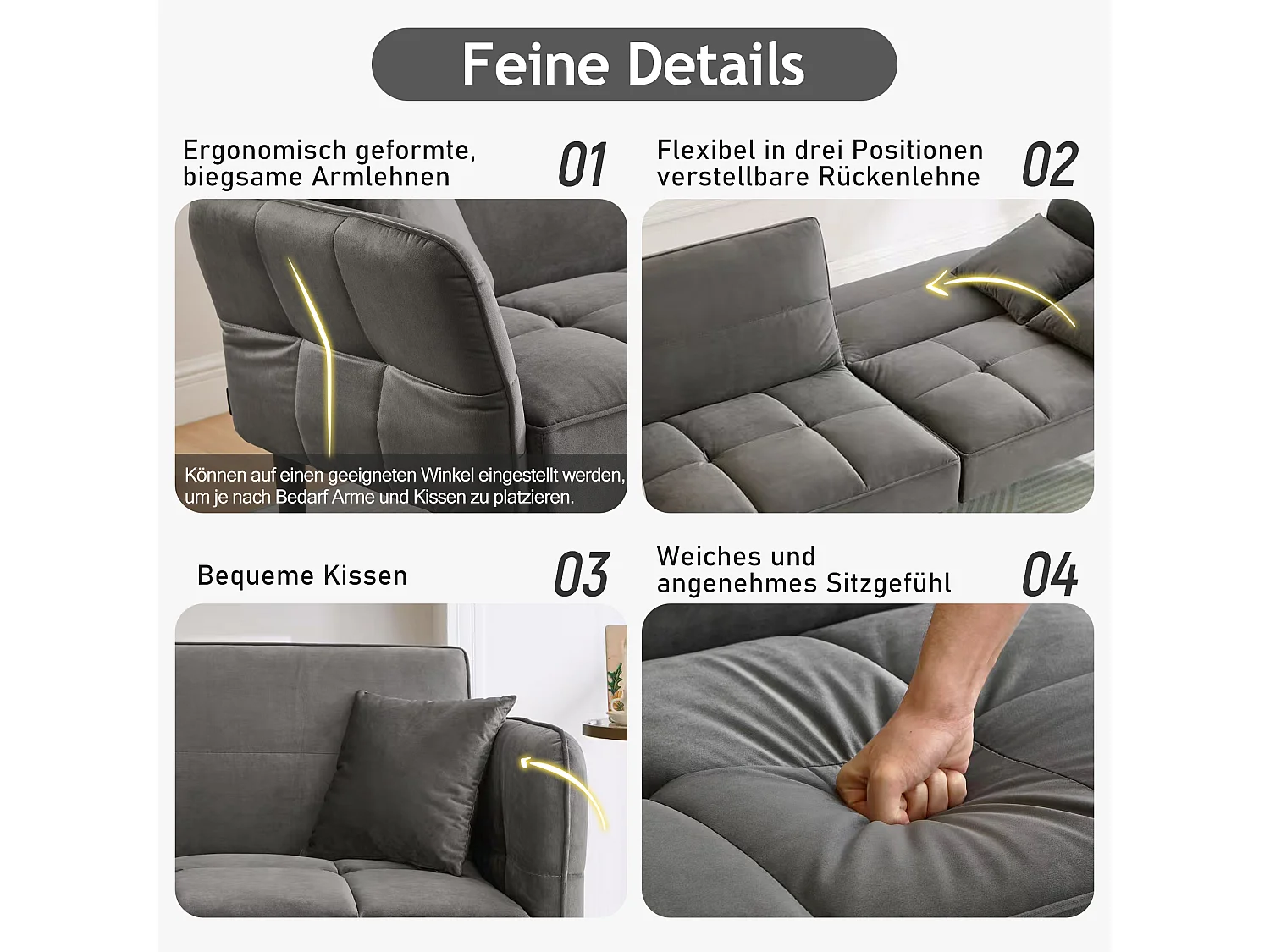 Canapé-lit réglable 2 en 1 – 176 x 78 x 76 cm - 2 places - avec accoudoirs rabattables - velours - gris