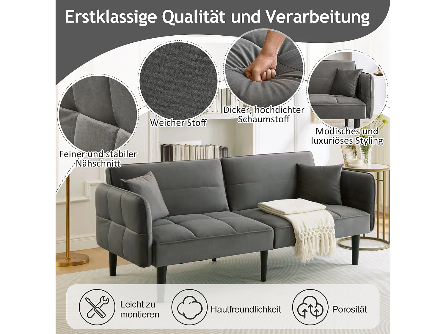 Canapé-lit réglable 2 en 1 – 176 x 78 x 76 cm - 2 places - avec accoudoirs rabattables - velours - gris