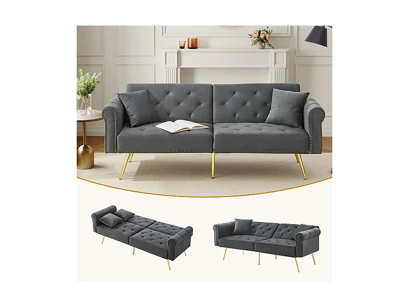 Modernes 2-Sitzer-Schlafsofa – 173 x 75 x 70 cm – 3-stufig verstellbare Rückenlehne + goldene Metallbeine – Samt – Grau